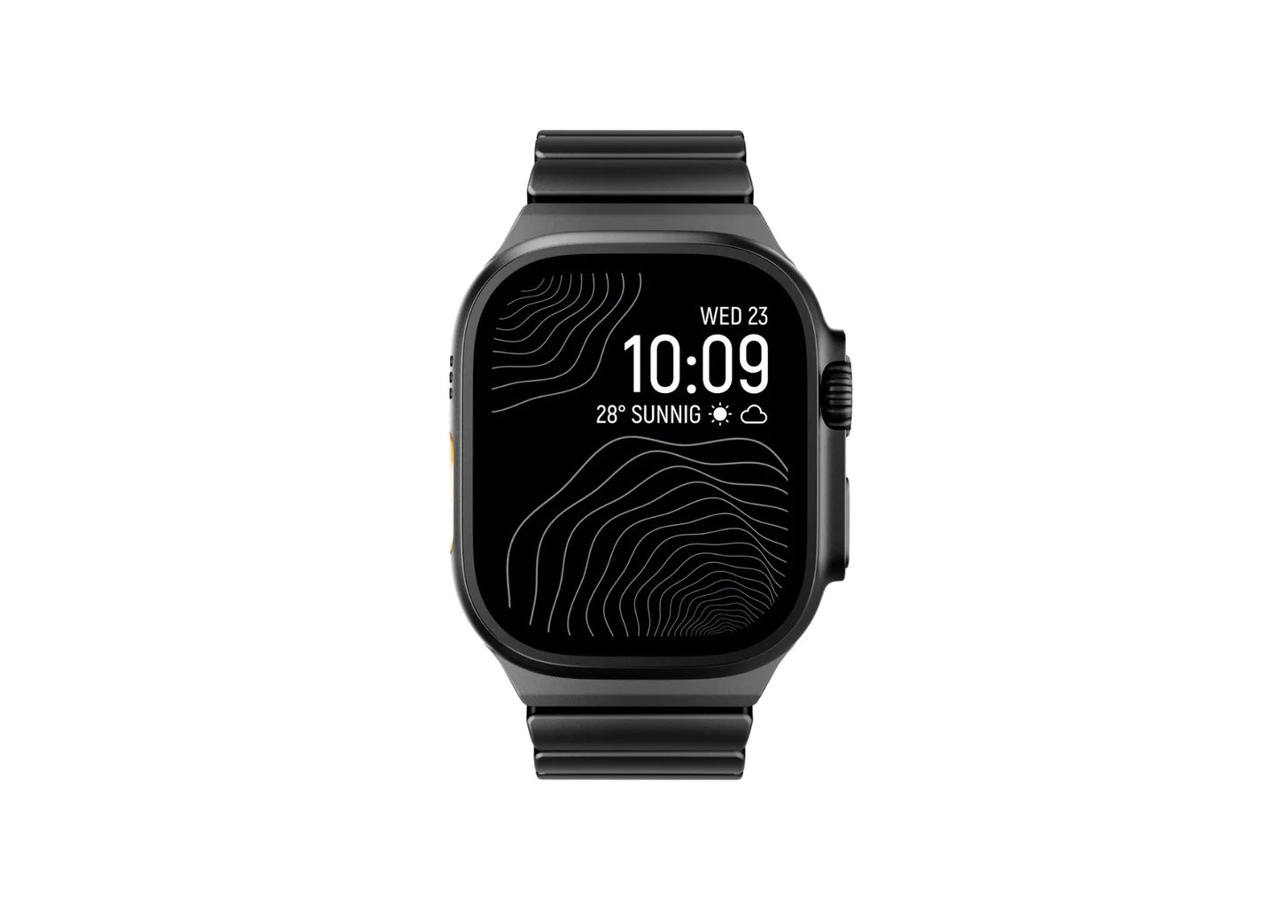 Front display view of the Royal Black Titanium Fusion Apple Watch Strap installed on Apple Watch Ultra with premium all-black titanium finish