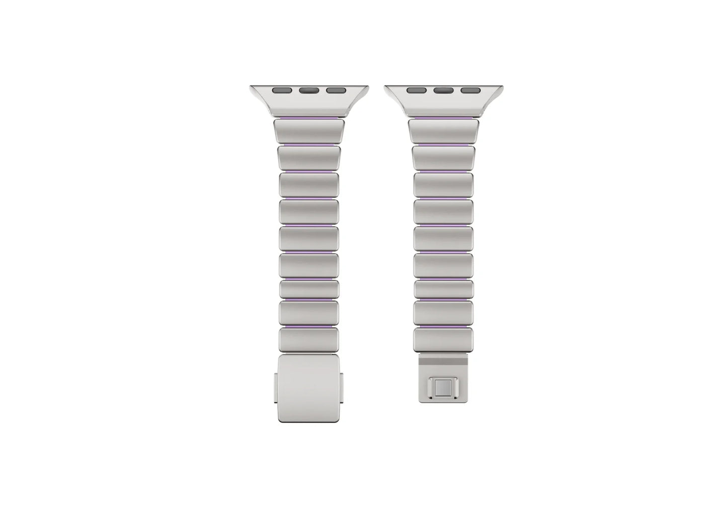 Luxury silver and purple stainless steel Apple Watch strap for women featuring premium metal links, soft silicone comfort lining and elegant modern design compatible with Apple Watch Ultra 3, Ultra 2, Series 11, Series 10 and Apple Watch SE.