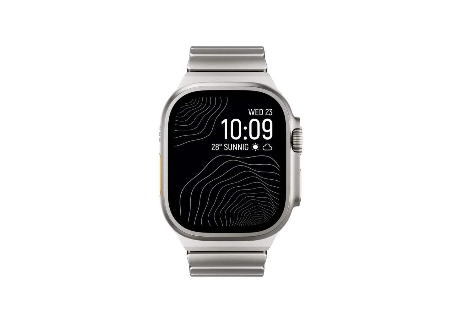 Front display view of the Silver & Black Titanium Fusion Apple Watch Strap installed on Apple Watch Ultra with premium brushed titanium finish