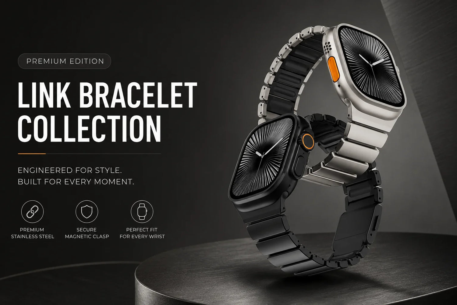 Premium Titanium Apple Watch Straps featuring magnetic stainless steel link bracelet bands compatible with Apple Watch Ultra 3, Ultra 2, Ultra, Series 11, Series 10, Series 9, Series 8, Series 7, Series 6, Series 5, Series 4, Series 3 and Apple Watch SE.