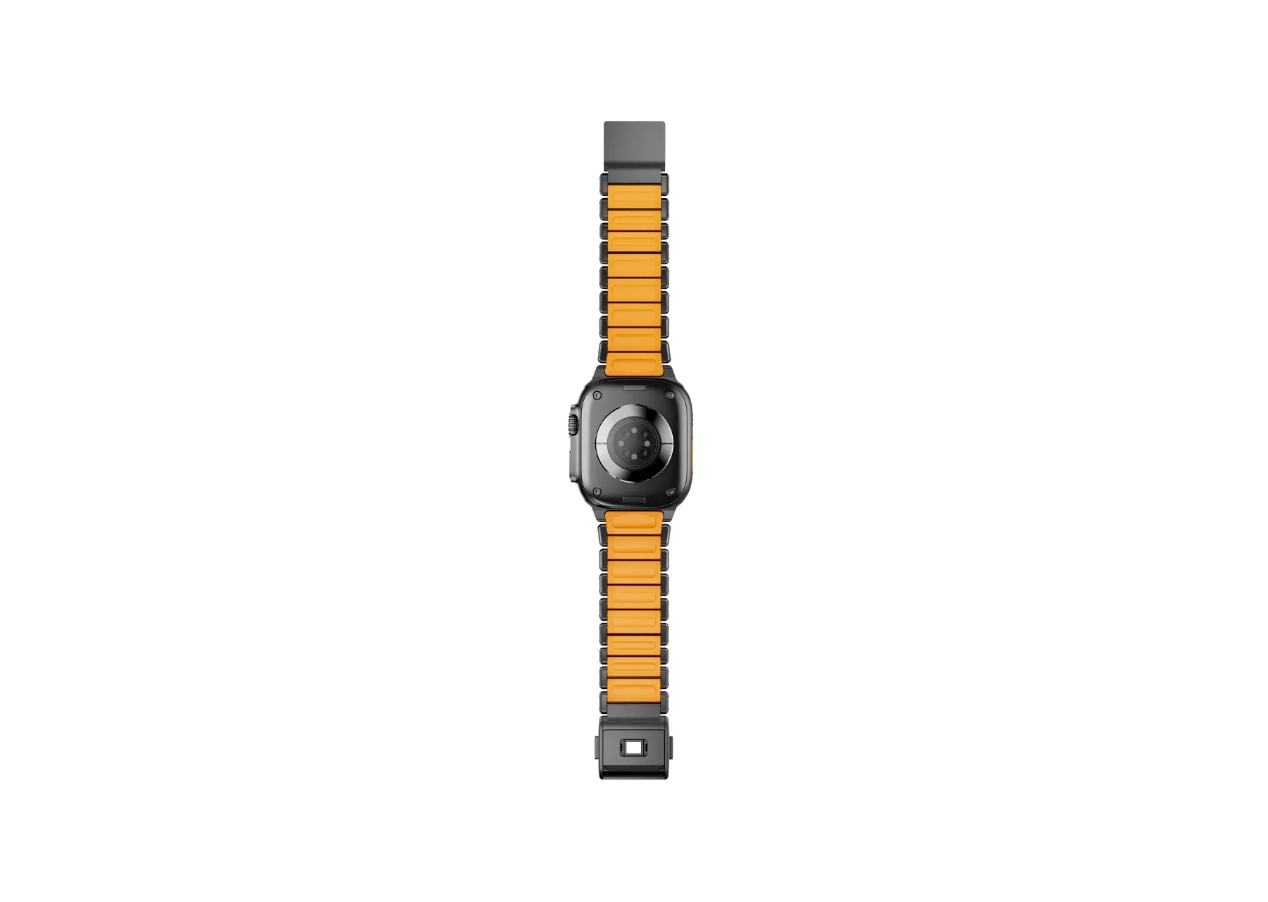 Rear perspective of the Black & Orange Titanium Apple Watch Ultra Band displaying premium titanium construction and orange silicone lining