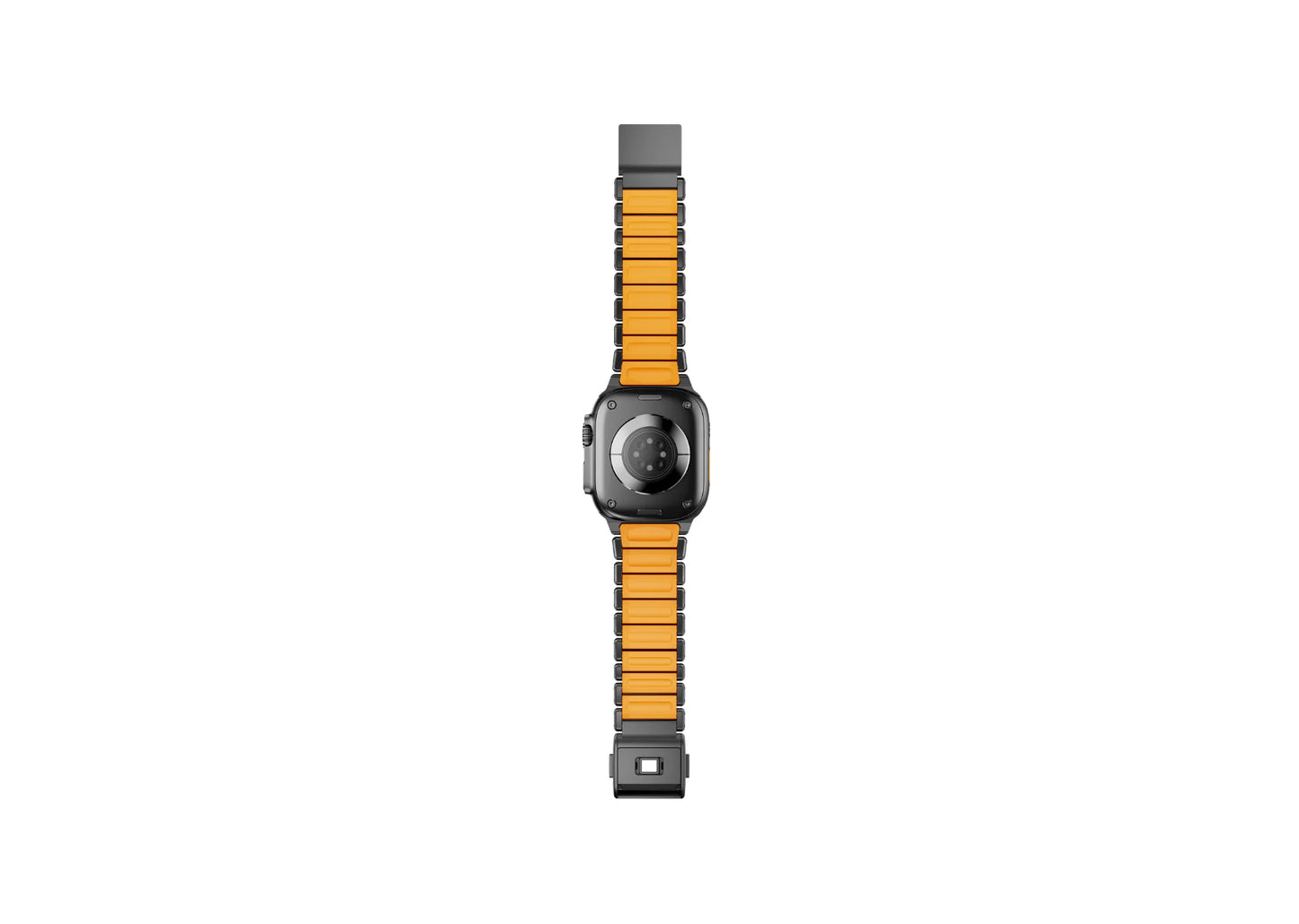 Rear perspective of the Black & Orange Titanium Apple Watch Ultra Band displaying premium titanium construction and orange silicone lining