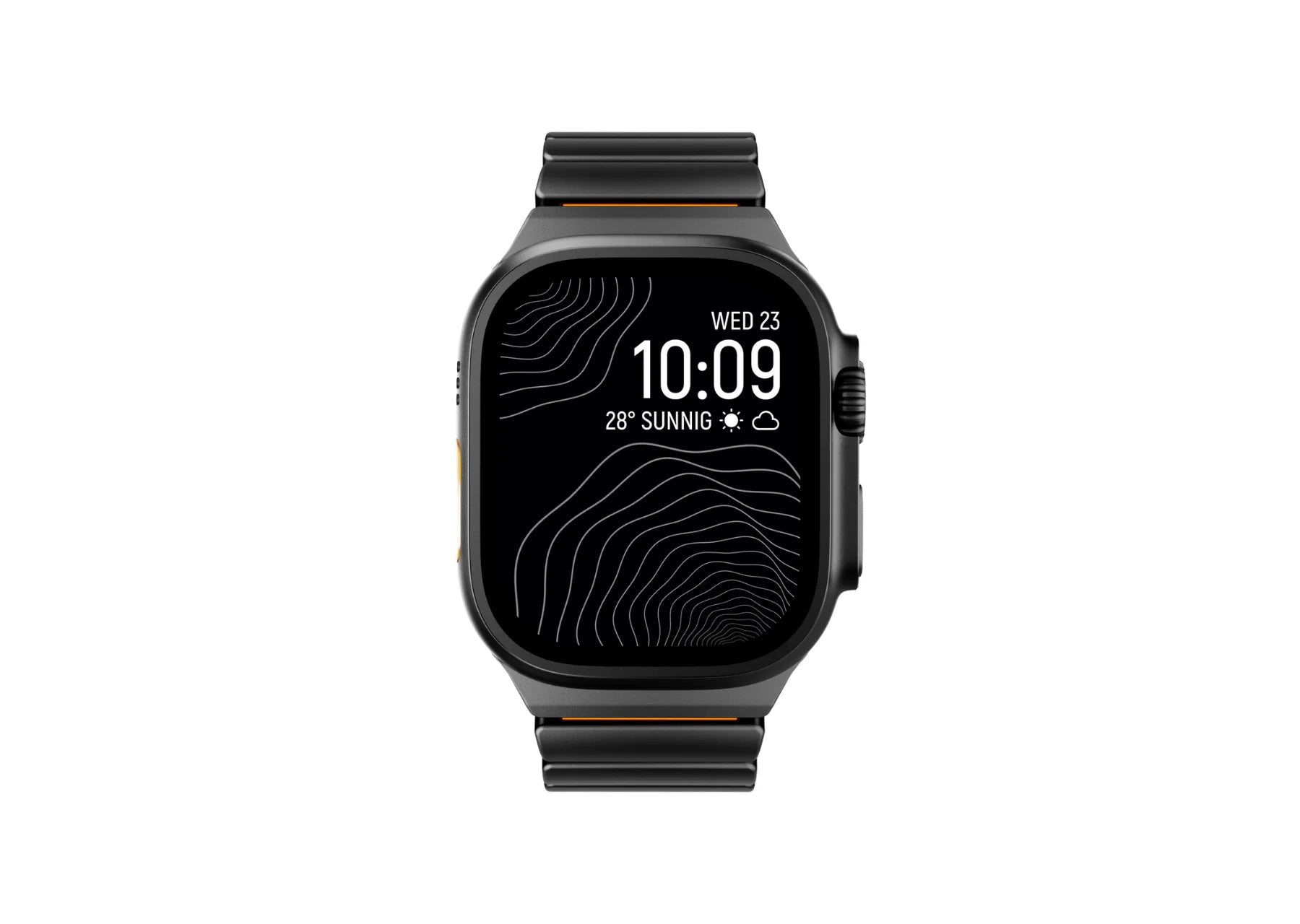 Front display view of the Black & Orange Titanium Fusion Apple Watch Band installed on Apple Watch Ultra with premium titanium finish