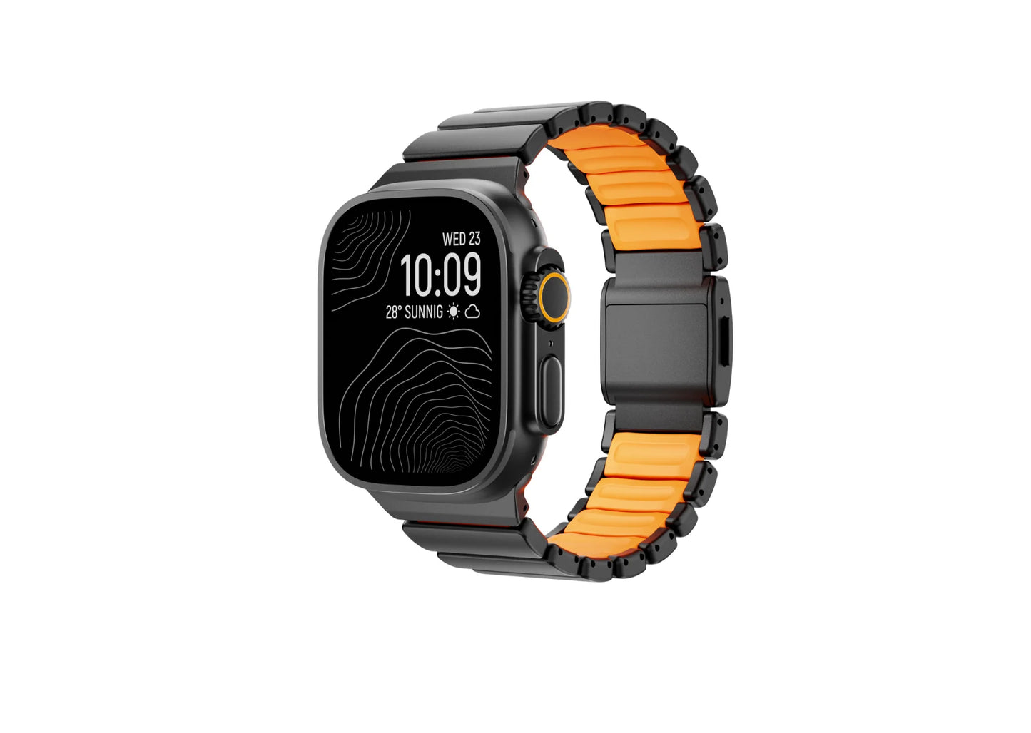 Black & Orange Titanium Fusion Apple Watch Strap with magnetic clasp compatible with Apple Watch Ultra 3, Ultra 2, Ultra, Series 11, Series 10, Series 9, Series 8, Series 7, Series 6, Series 5, Series 4, Series 3, Series 2, Series 1 and Apple Watch SE