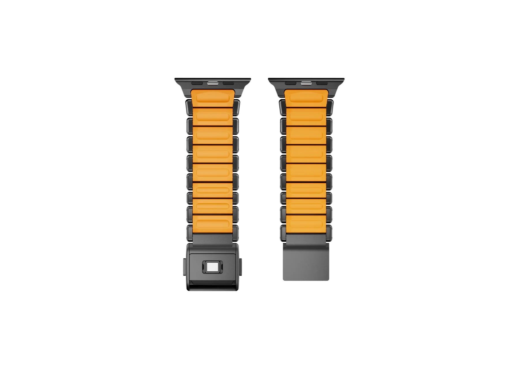 Detailed view of the magnetic locking mechanism on the Black & Orange Titanium Apple Watch Band with precision-engineered titanium components
