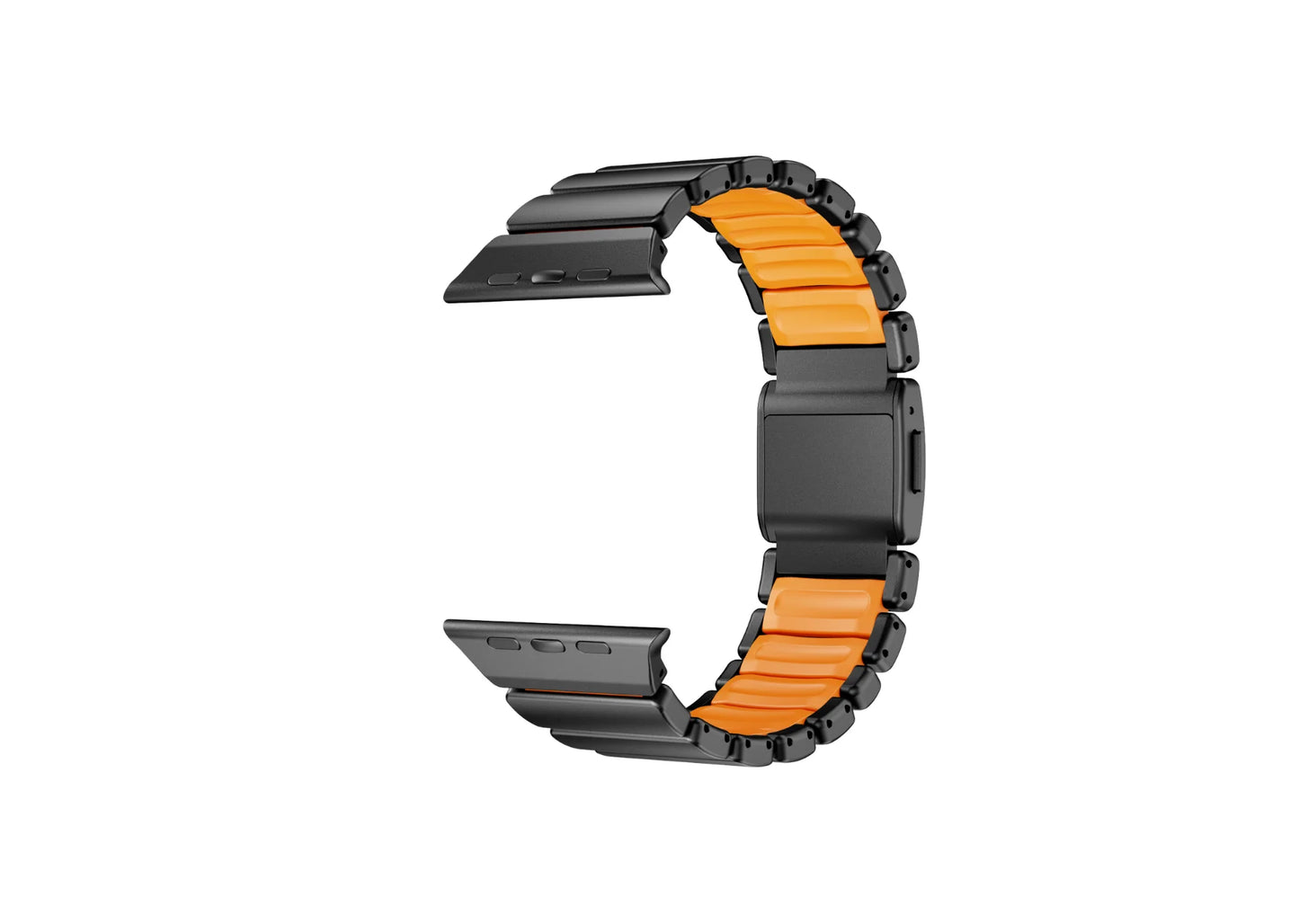 Side angle view of the Black & Orange Titanium Fusion Apple Watch Strap featuring lightweight titanium links and magnetic buckle