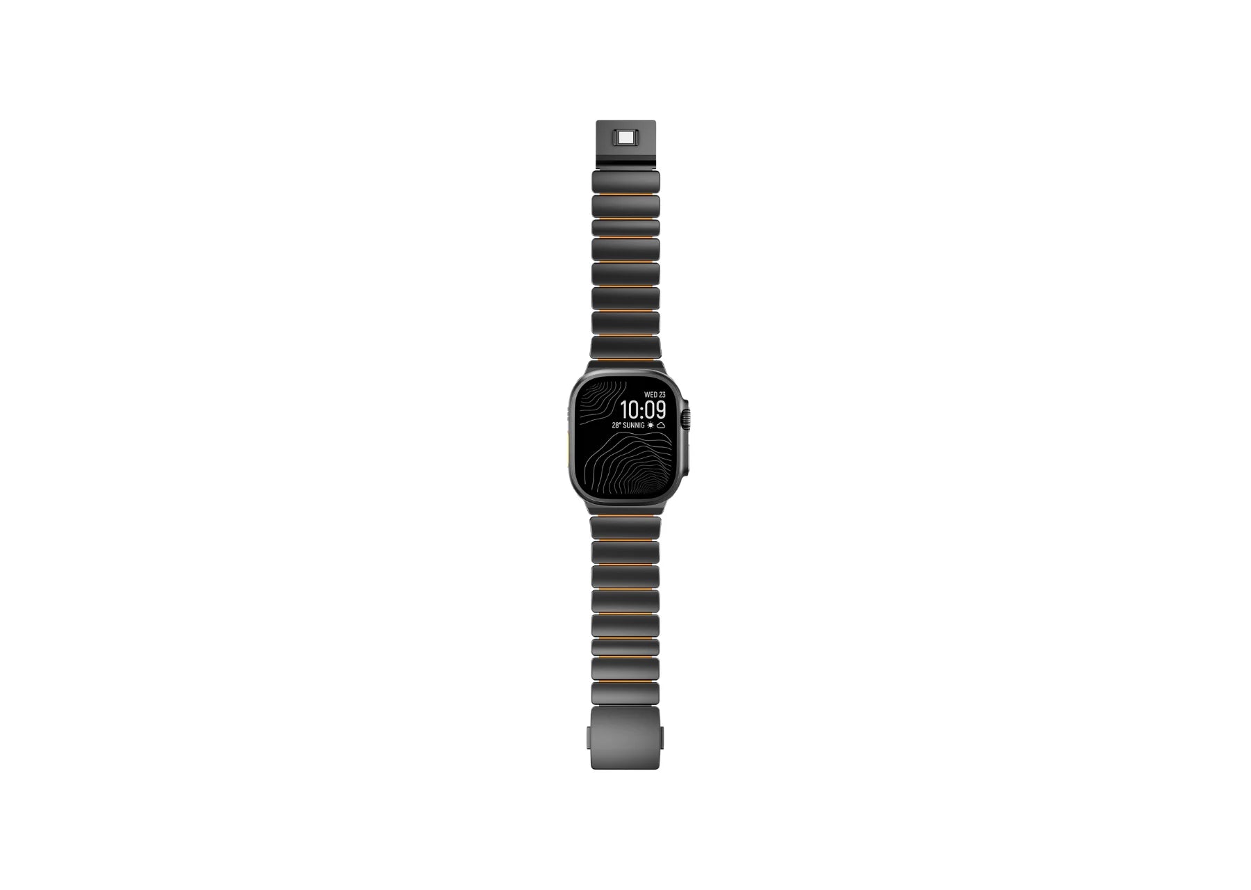 Black & Orange Titanium Fusion Apple Watch Strap with magnetic clasp open, showing the secure locking mechanism and premium titanium links