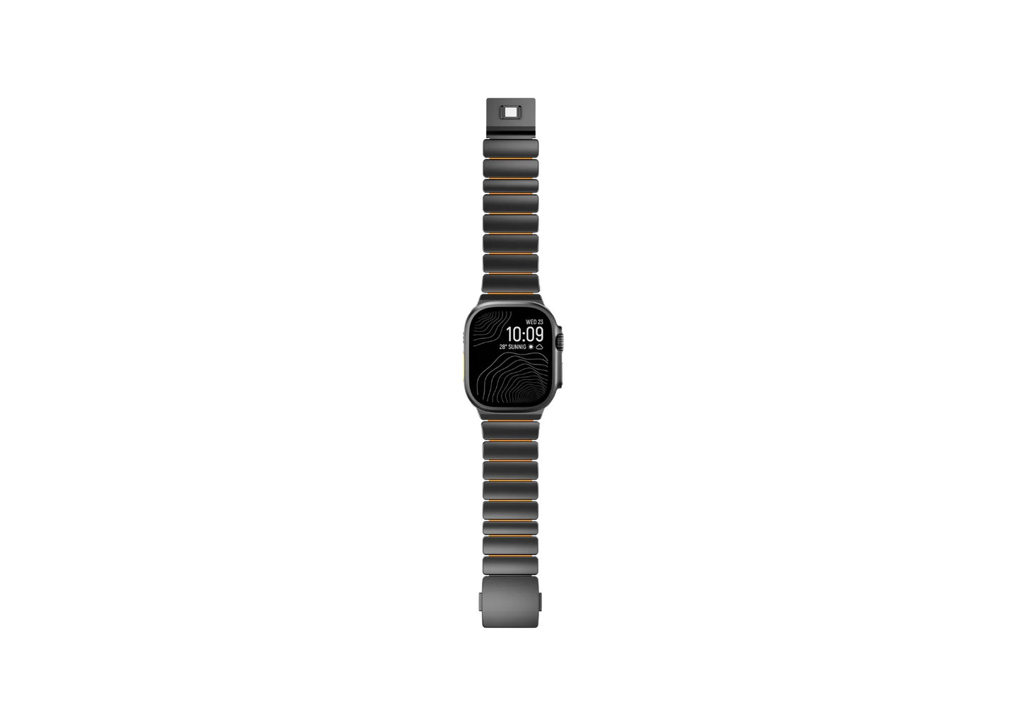 Black & Orange Titanium Fusion Apple Watch Strap with magnetic clasp open, showing the secure locking mechanism and premium titanium links