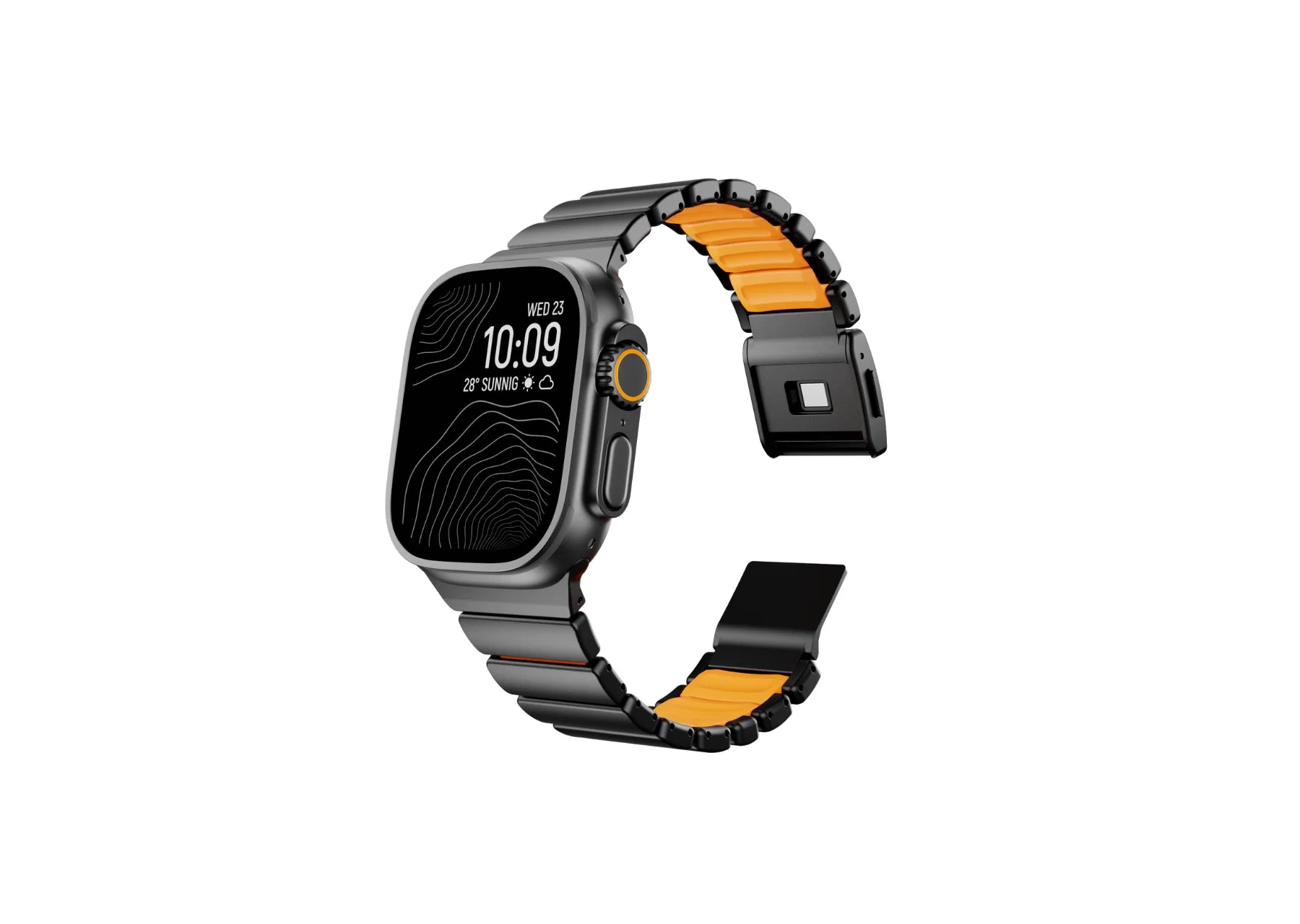 Full-length front view of the Black & Orange Titanium Fusion Apple Watch Band with magnetic closure for Apple Watch Ultra and Series models
