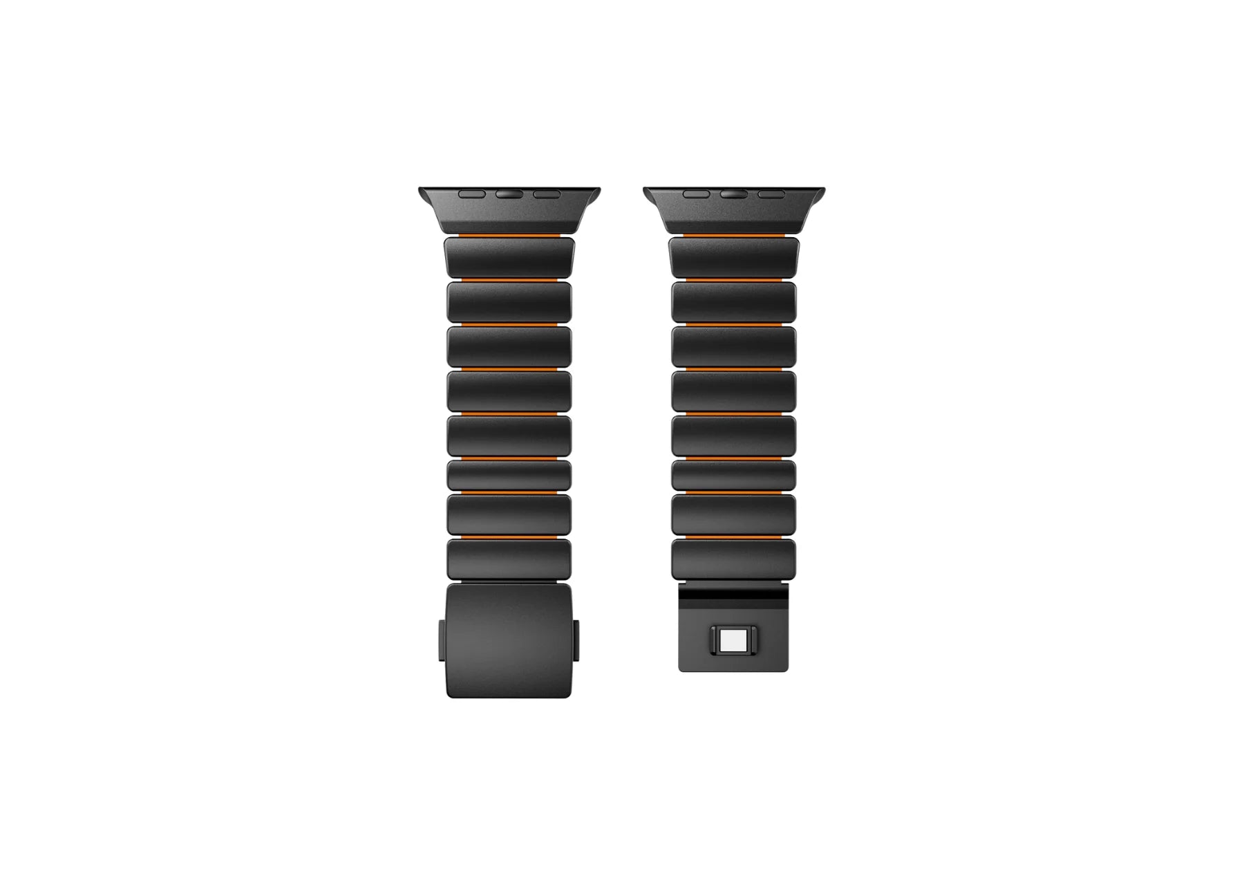 Close-up of the magnetic clasp on the Black & Orange Titanium Fusion Apple Watch Strap designed for secure everyday wear