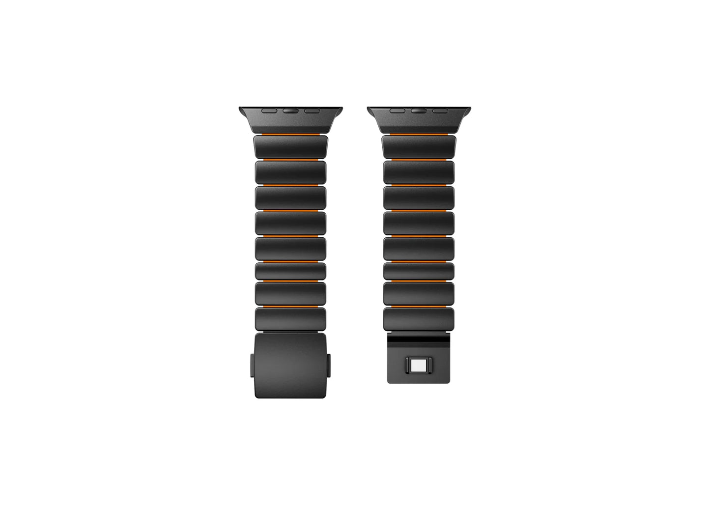 Close-up of the magnetic clasp on the Black & Orange Titanium Fusion Apple Watch Strap designed for secure everyday wear