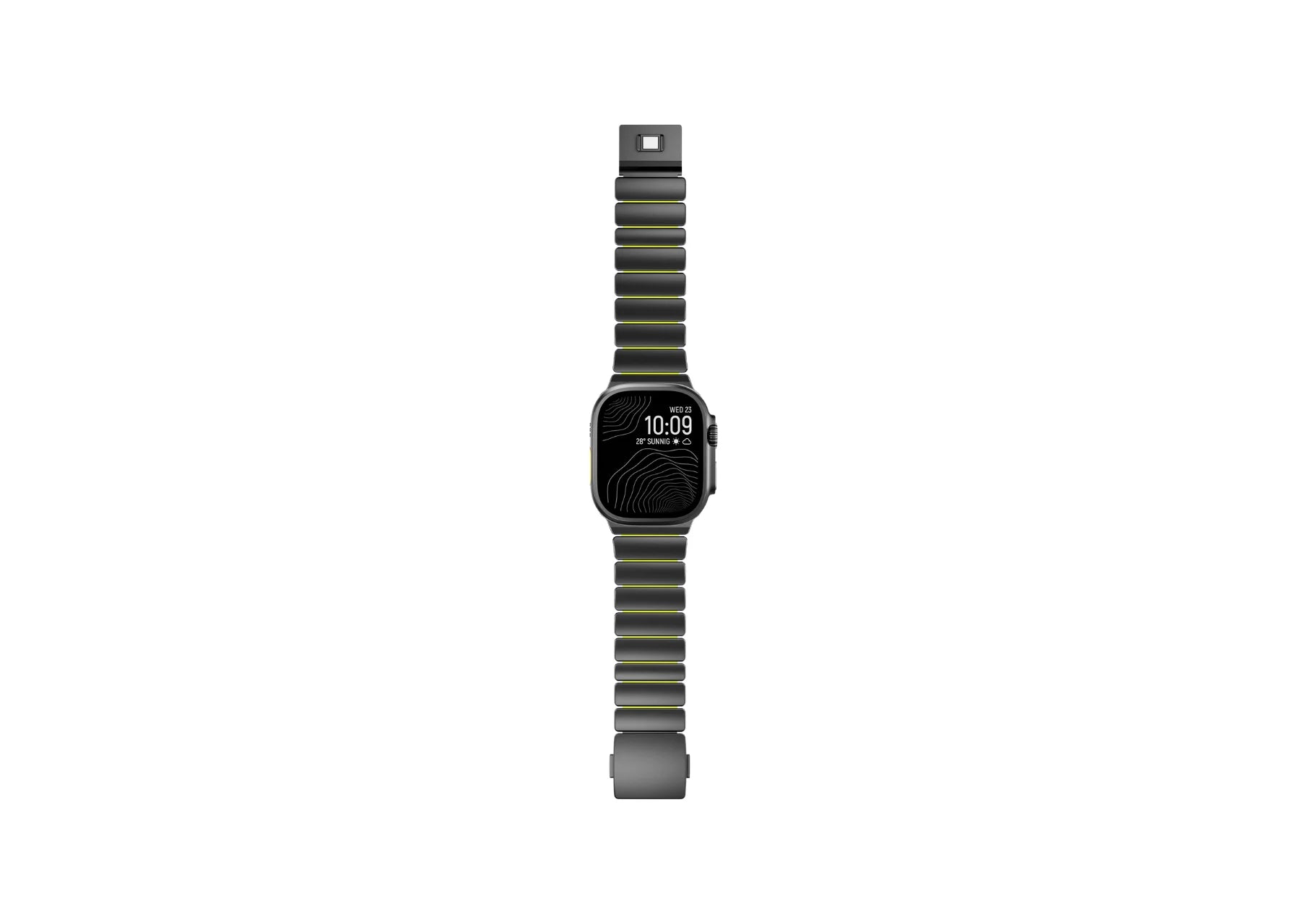Full-length front view of the Black Titanium Fusion Apple Watch Band with magnetic closure for Apple Watch Ultra and Series models.