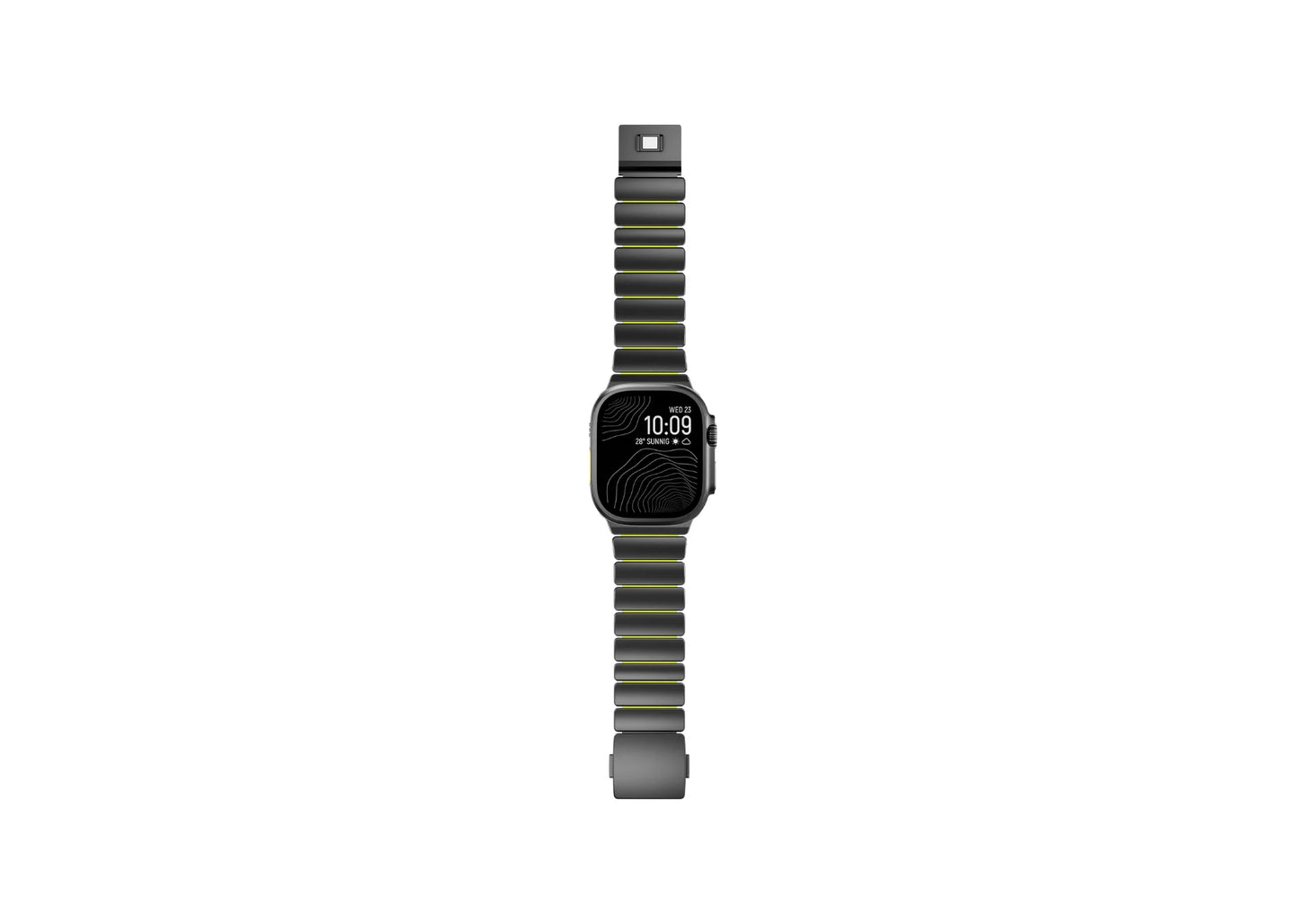 Full-length front view of the Black Titanium Fusion Apple Watch Band with magnetic closure for Apple Watch Ultra and Series models.