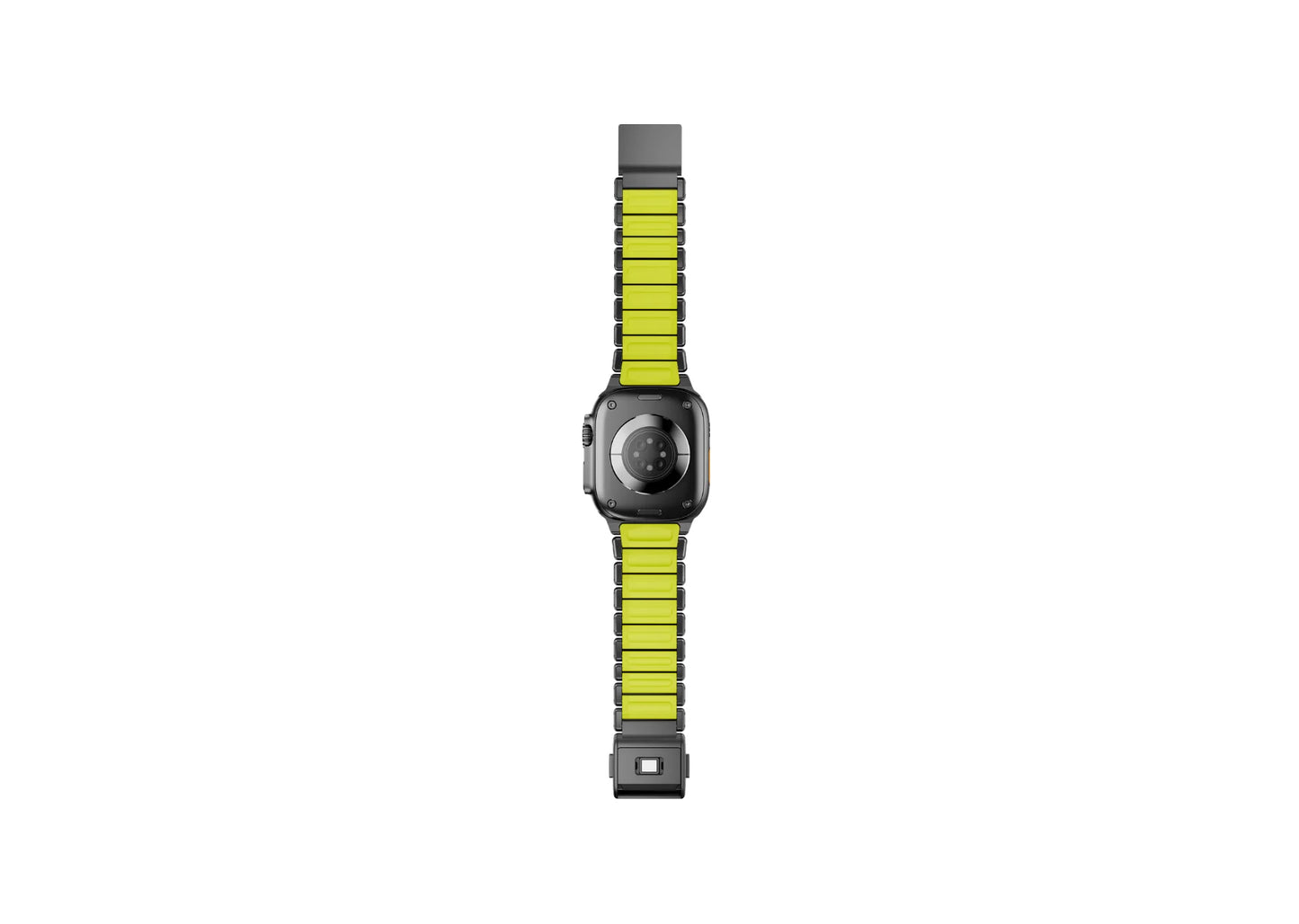 Full-length rear view of the Black & Green Titanium Apple Watch Strap highlighting the breathable silicone comfort layer.