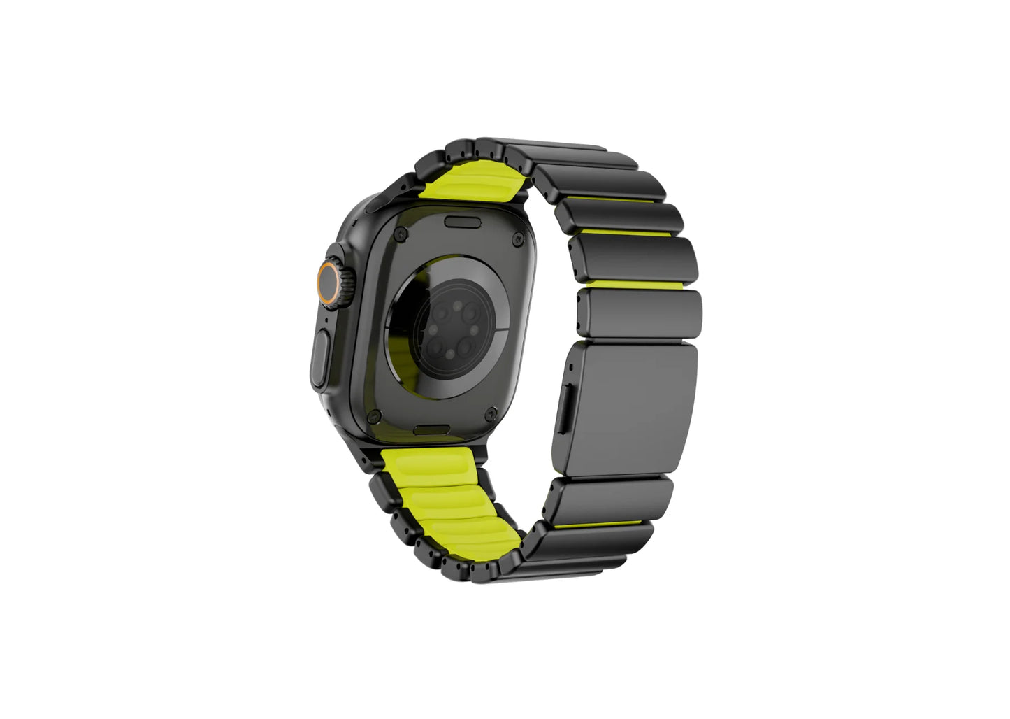 Rear view of Black Titanium Apple Watch Strap showcasing the soft green silicone inner layer for enhanced comfort and flexibility.