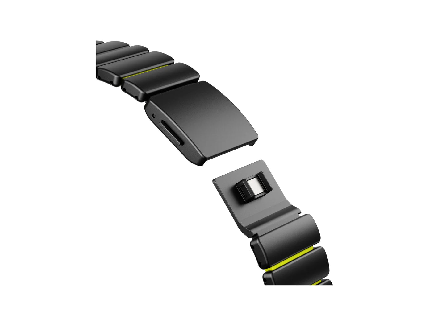 Detailed view of the magnetic locking mechanism on the Black Titanium Apple Watch Band with precision-engineered titanium components.