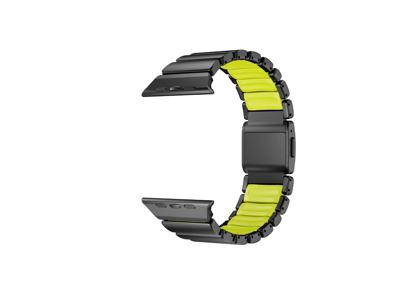 Side angle view of the Black Titanium Fusion Apple Watch Strap featuring lightweight titanium links and magnetic buckle.