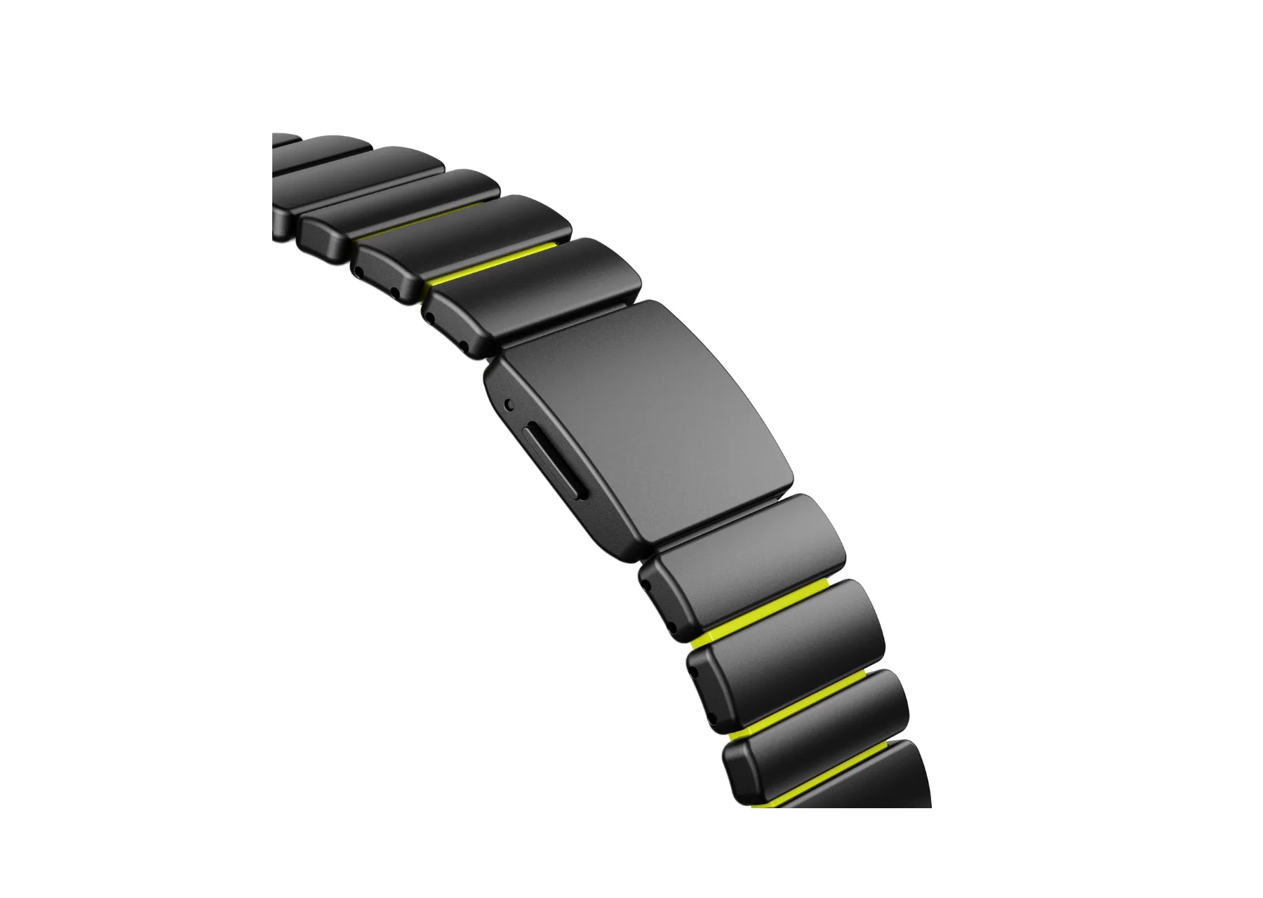 Rear perspective of the Black Titanium Apple Watch Ultra Band displaying premium titanium construction and green silicone lining.