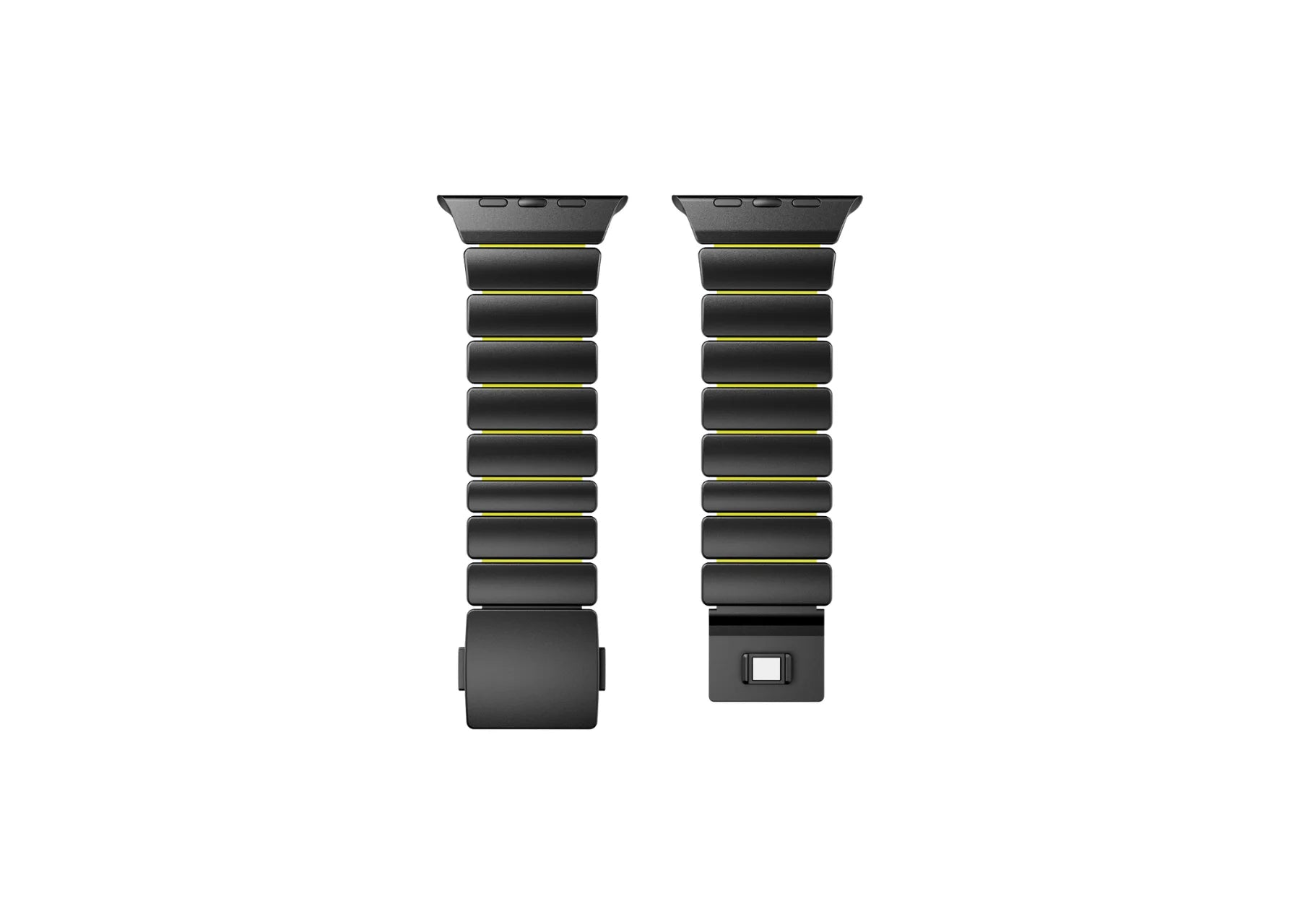 Black & Green Titanium Fusion Apple Watch Strap on Apple Watch Ultra featuring lightweight titanium links, green silicone lining and secure magnetic closure.