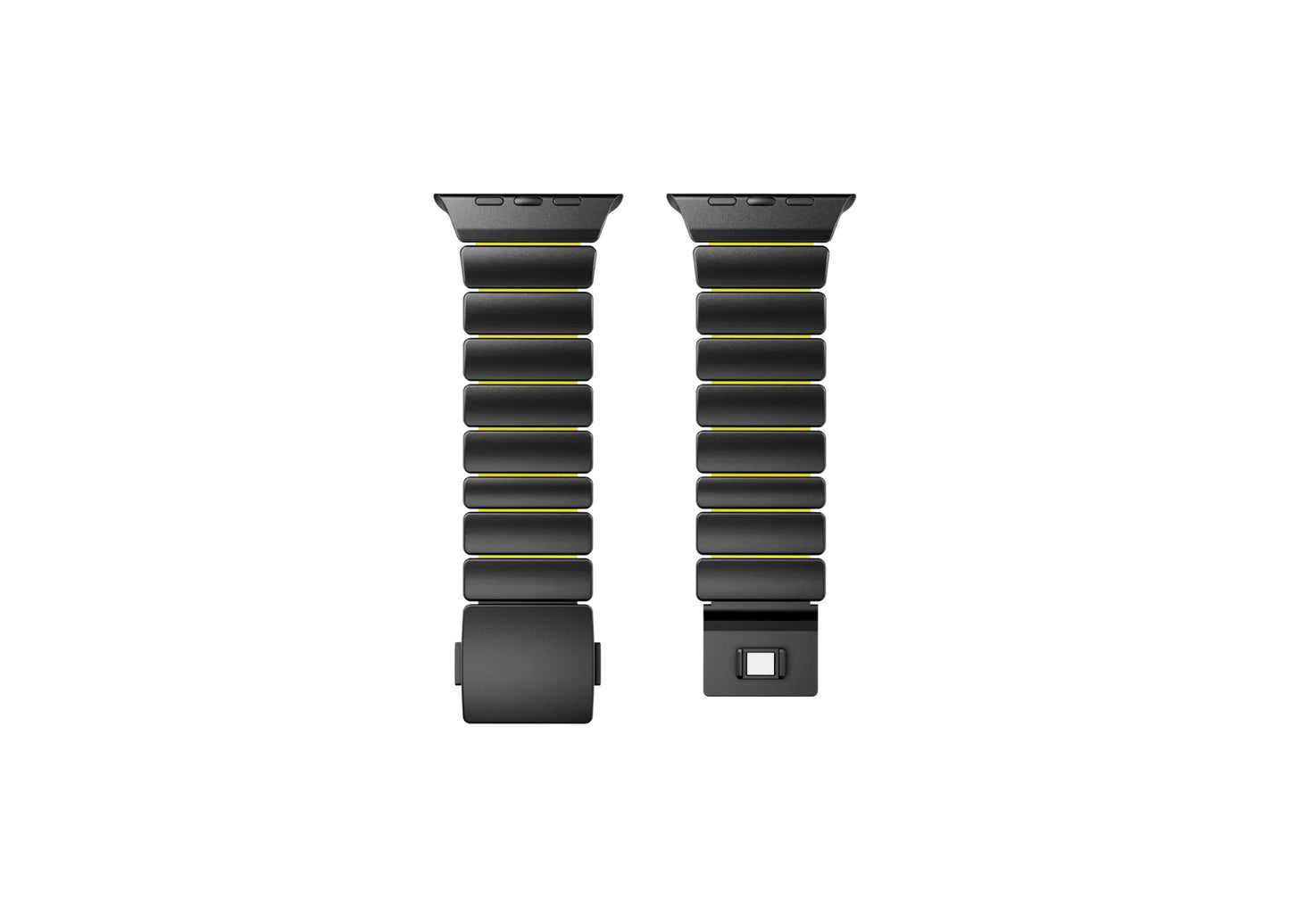 Black & Green Titanium Fusion Apple Watch Strap on Apple Watch Ultra featuring lightweight titanium links, green silicone lining and secure magnetic closure.