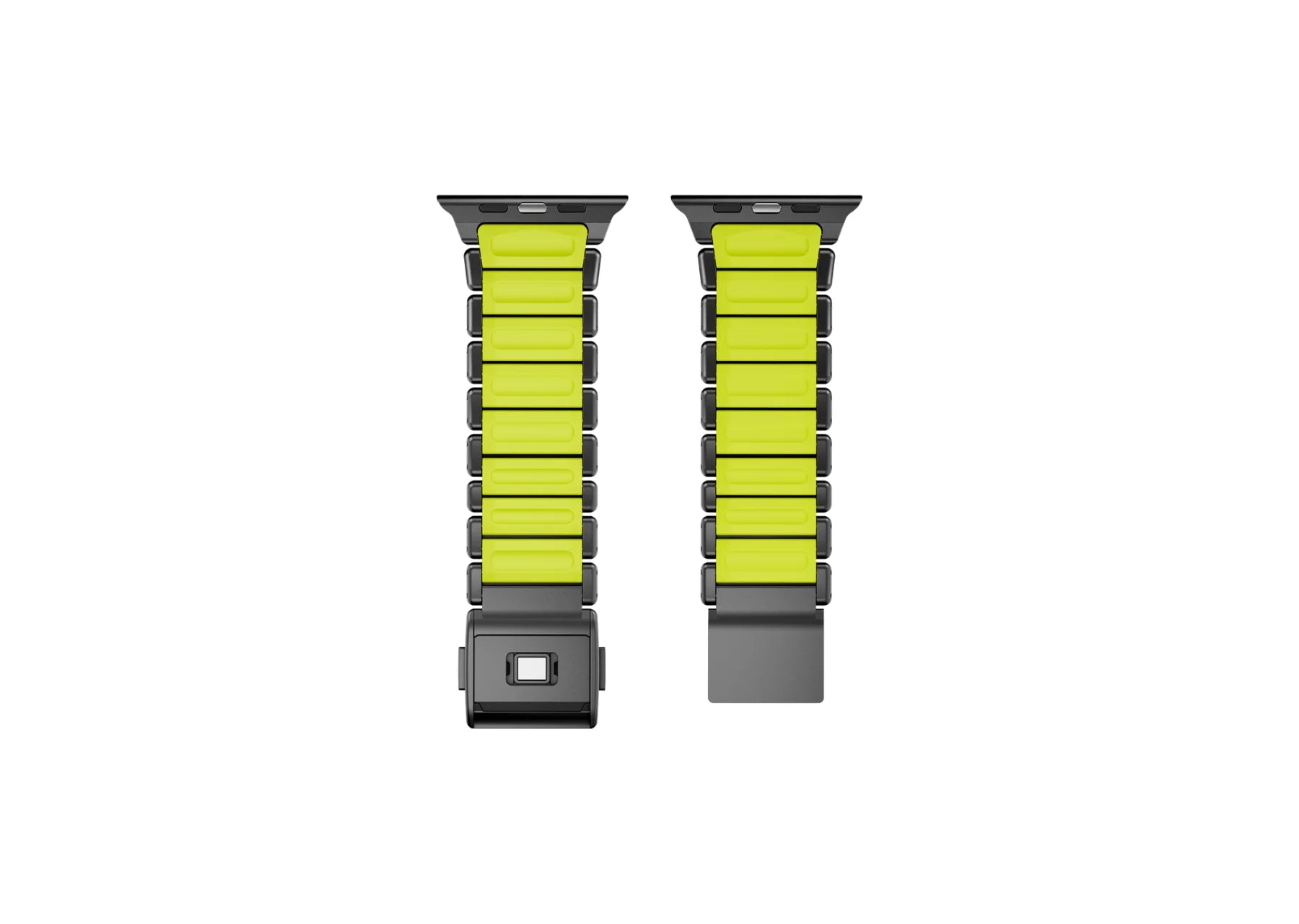 Close-up of the magnetic clasp on the Black Titanium Fusion Apple Watch Strap designed for secure everyday wear.