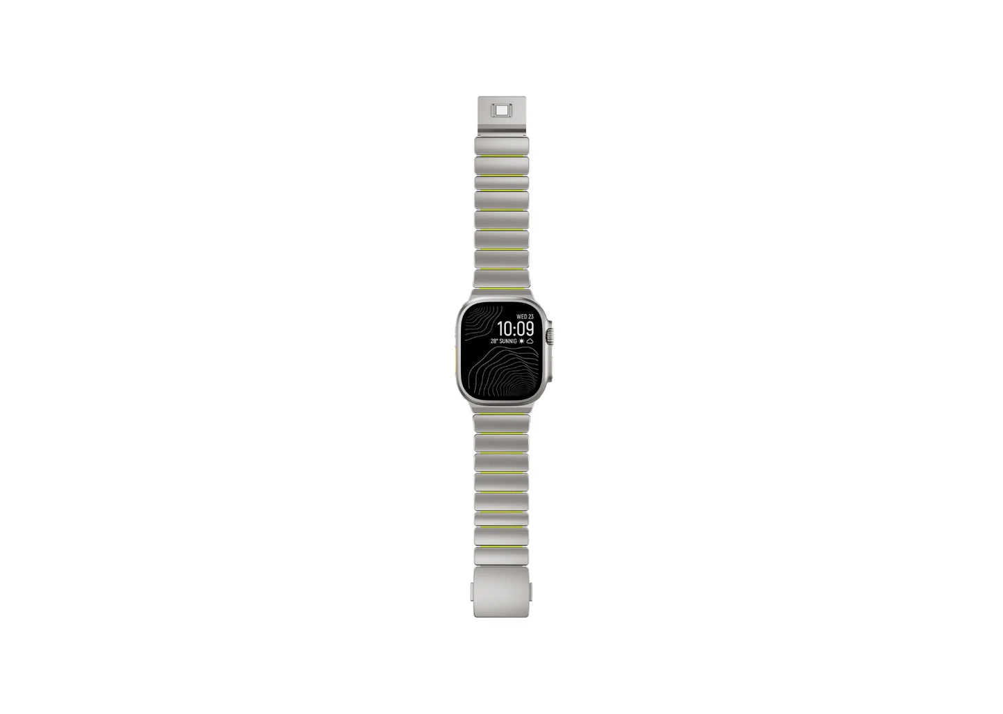Side profile of Silver & Green Titanium Fusion Apple Watch Strap showcasing premium titanium links, silicone lining and magnetic closure