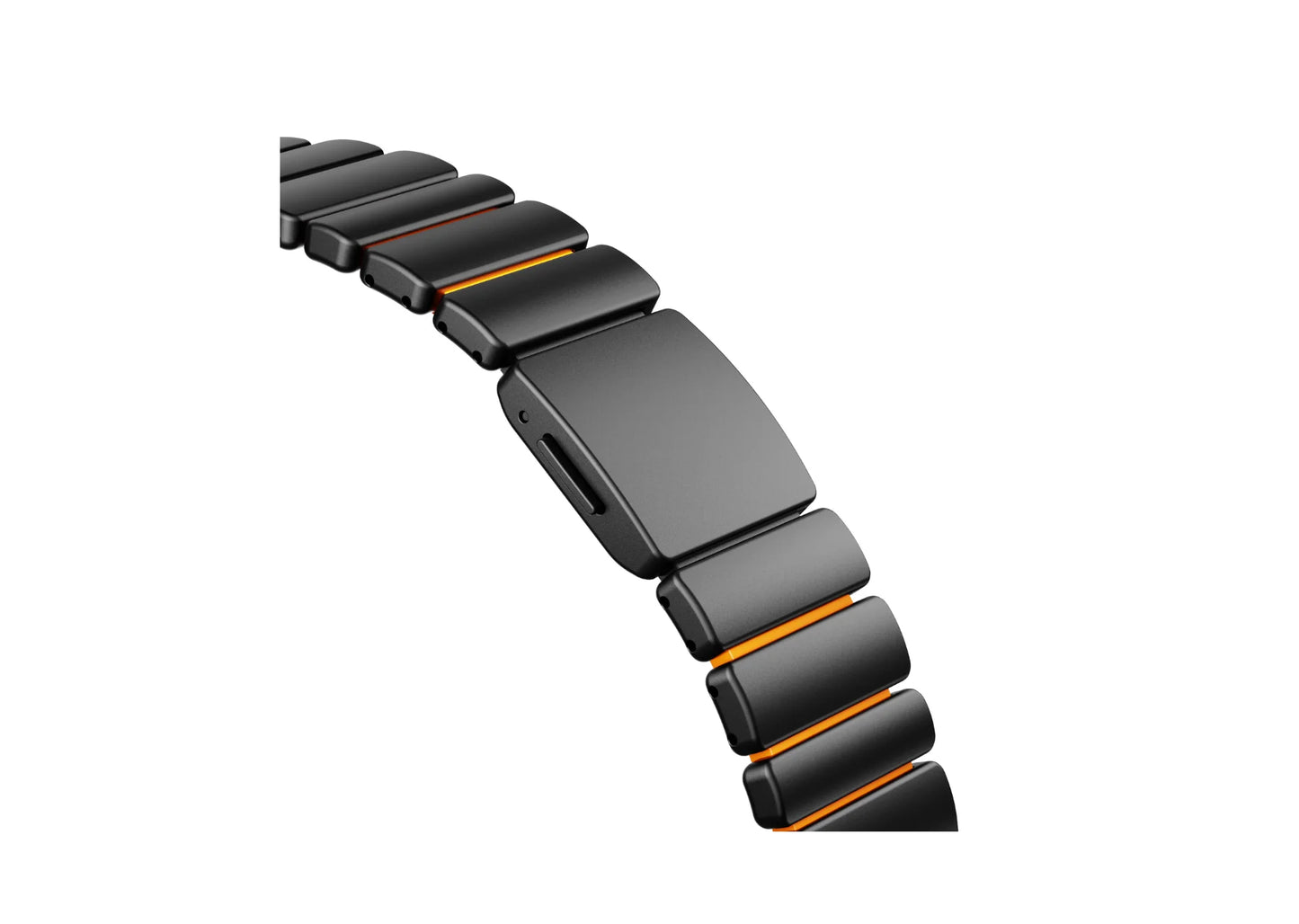 Rear view of the Black & Orange Titanium Fusion Apple Watch Strap showcasing the soft orange silicone inner layer for enhanced comfort and flexibility
