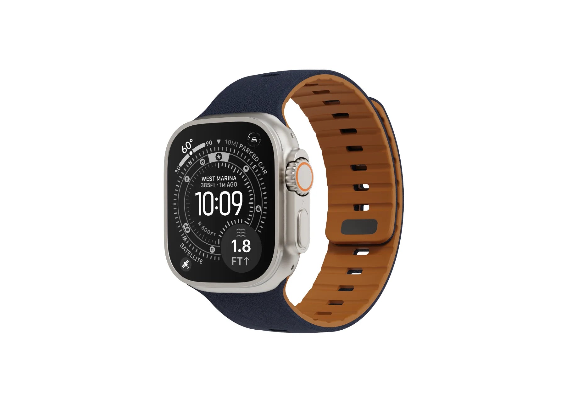 Apple Watch Ultra with navy blue and brown magnetic silicone Apple Watch band featuring a textured outer finish and adjustable strap holes