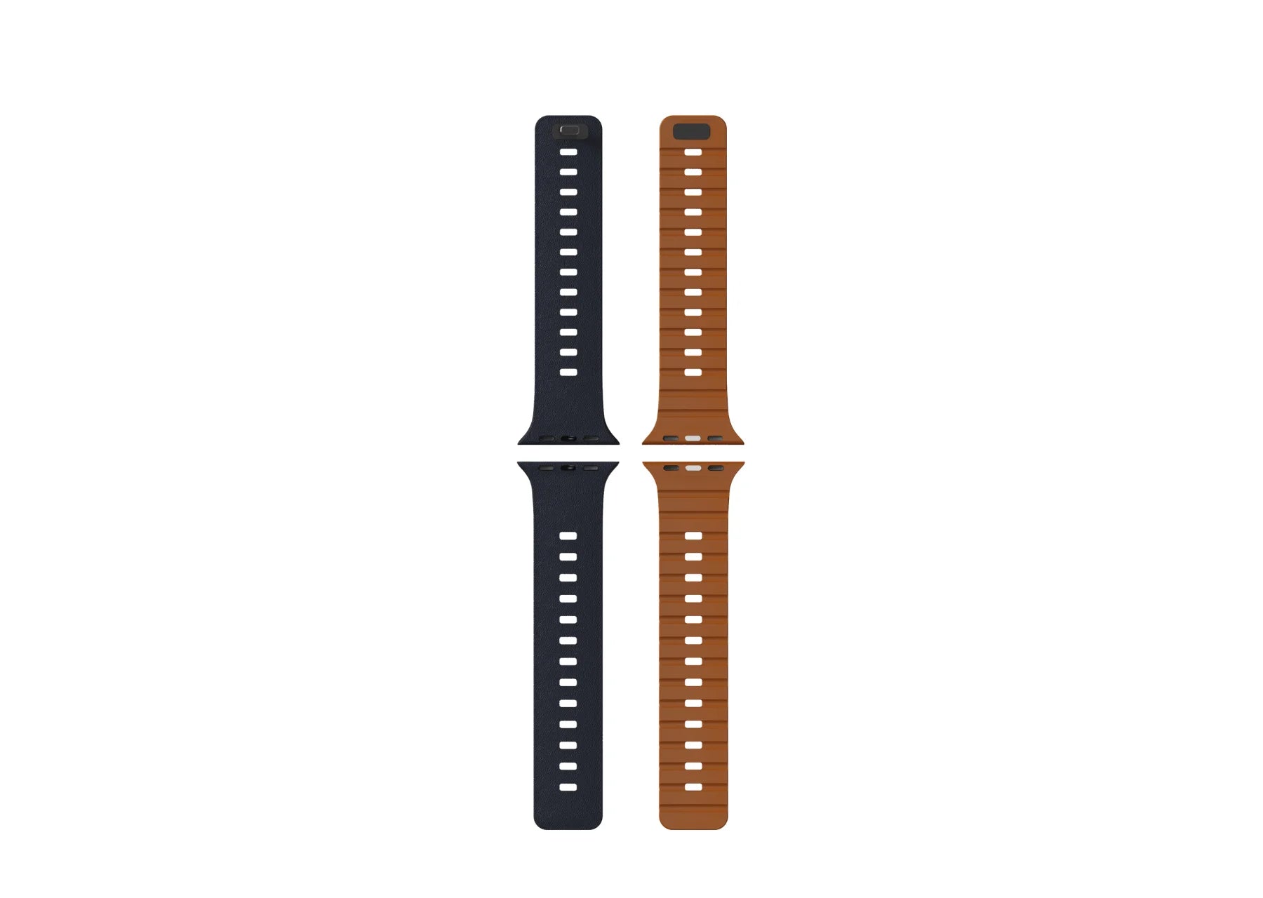 Navy blue and brown Apple Watch strap shown as separate band sections, highlighting the adjustable holes and contrasting brown silicone interior