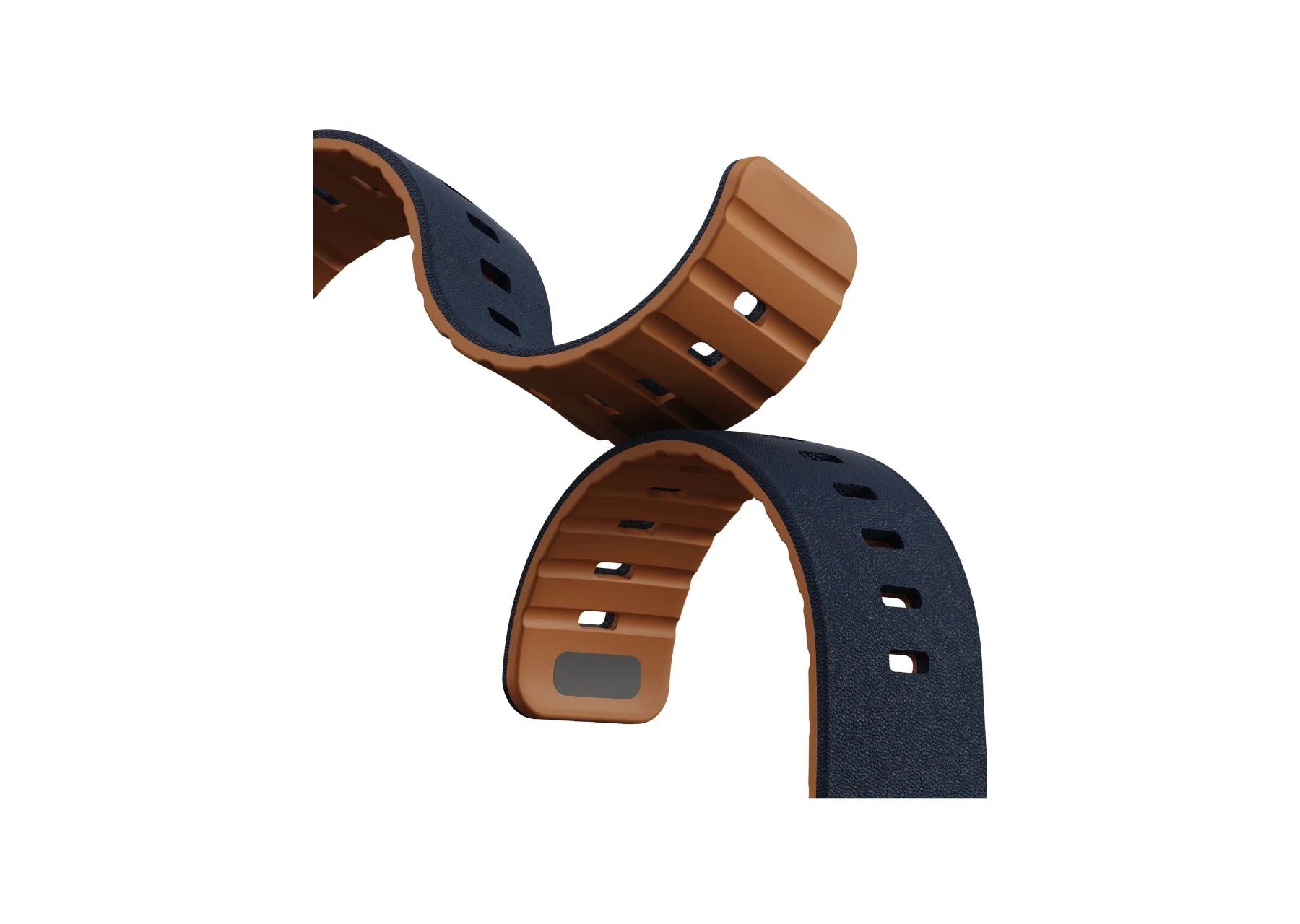 Close-up of navy blue and brown Apple Watch strap showing the leather-like textured silicone exterior, brown inner lining and magnetic closure detail