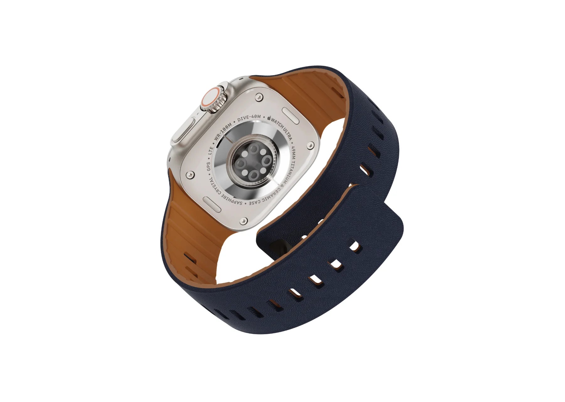 Navy blue Apple Watch Ultra strap with brown silicone inner lining, textured outer surface and adjustable magnetic pin closure