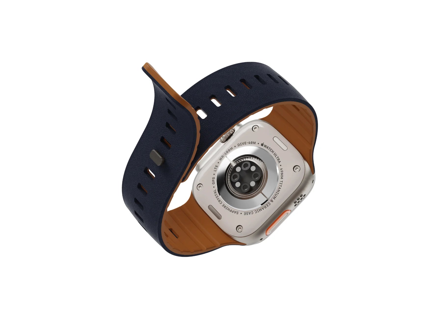 Angled rear view of Apple Watch Ultra with navy blue textured silicone strap and contrasting brown inner lining