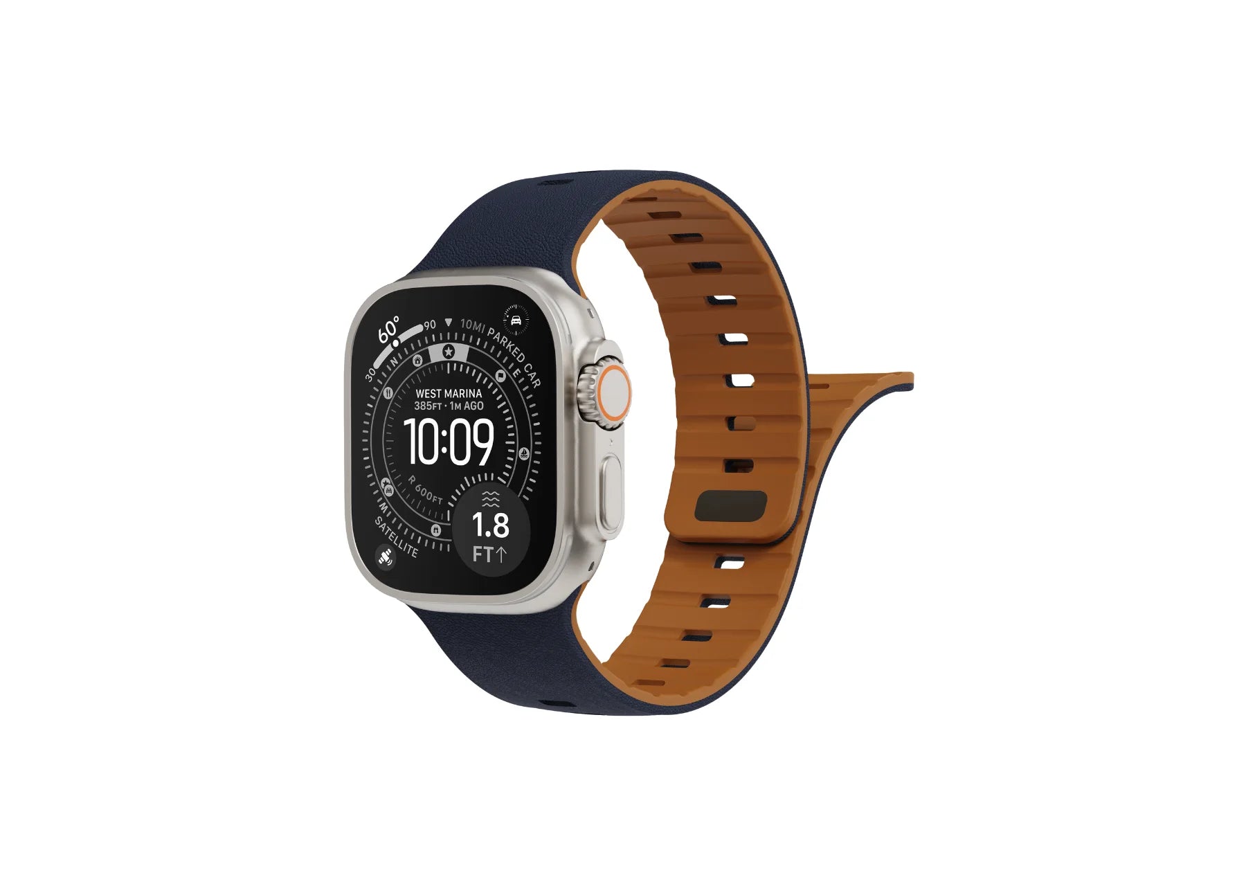 Apple Watch Ultra fitted with a navy blue and brown magnetic silicone band, showing the textured exterior, brown inner surface and adjustable closure