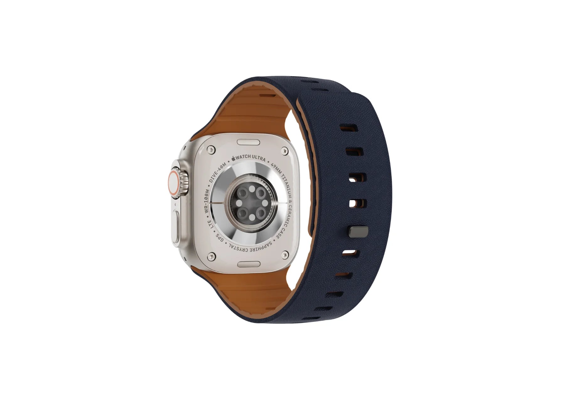 Navy blue and brown magnetic silicone Apple Watch strap fitted on Apple Watch Ultra, featuring a textured outer finish and contrasting brown inner lining