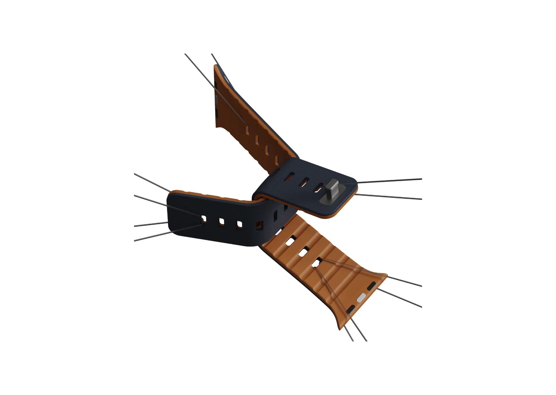 Navy blue and brown Apple Watch strap components displayed together, showing the contrasting silicone surfaces, adjustment holes and magnetic closure