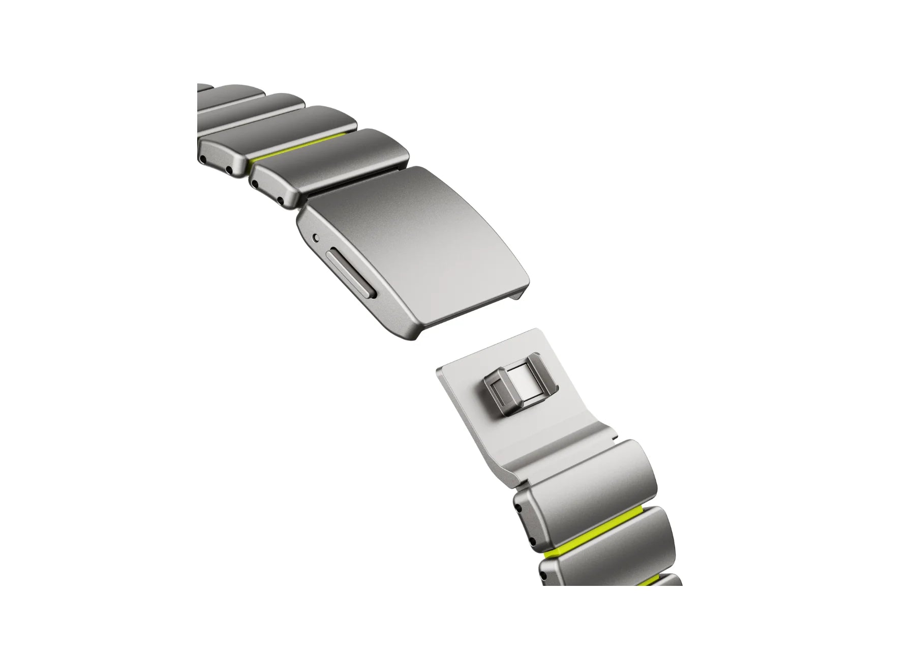 Detailed view of the premium titanium finish and soft green silicone interior of the Silver & Green Fusion Apple Watch Strap
