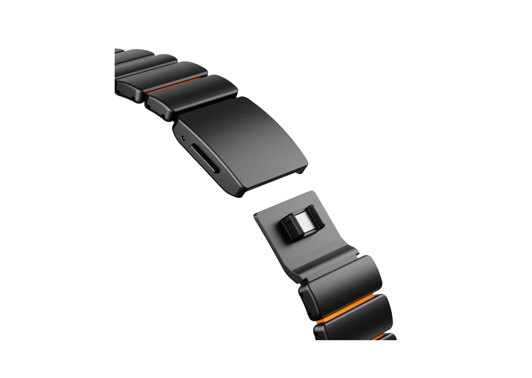 Full-length rear view of the Black & Orange Titanium Fusion Apple Watch Strap highlighting the breathable orange silicone comfort layer