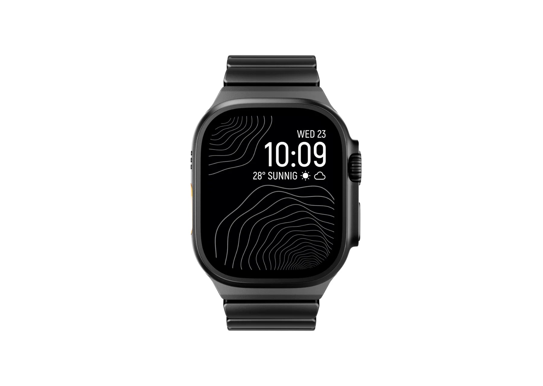 Front display view of the Royal Black Titanium Fusion Apple Watch Strap installed on Apple Watch Ultra with premium all-black titanium finish