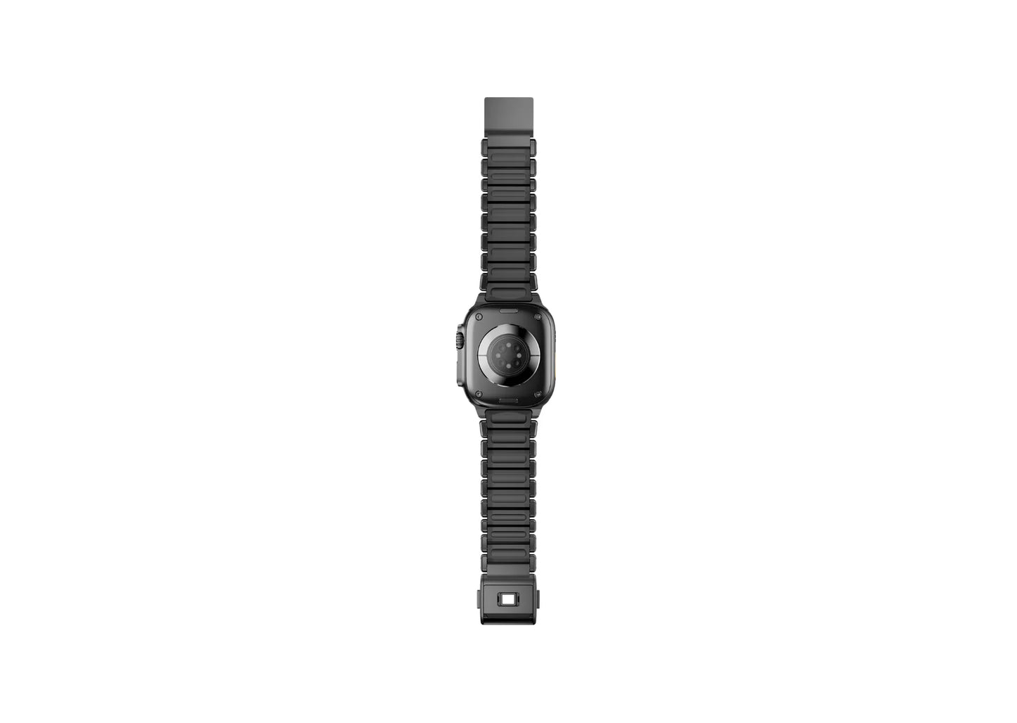 Full-length rear view of the Royal Black Titanium Fusion Apple Watch Strap showing the breathable black silicone backing for everyday wear