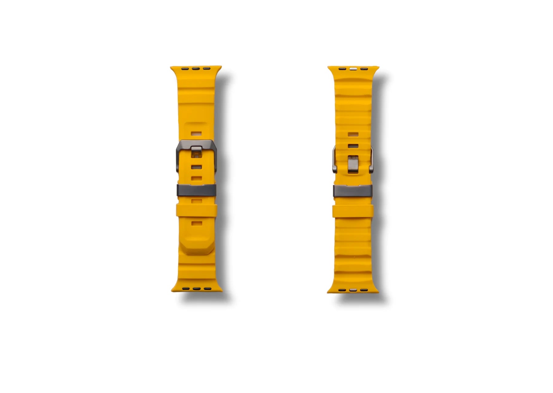 Two yellow apple watch straps with grey buckles on a white background