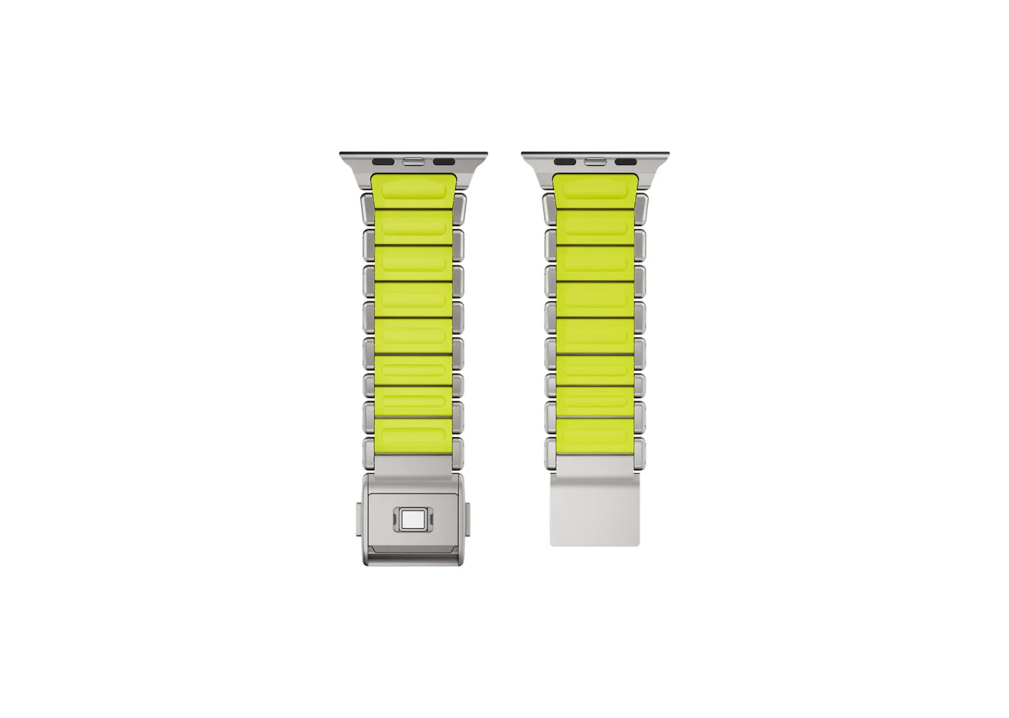 Premium packaging of the Silver & Green Titanium Fusion Apple Watch Strap by Friday