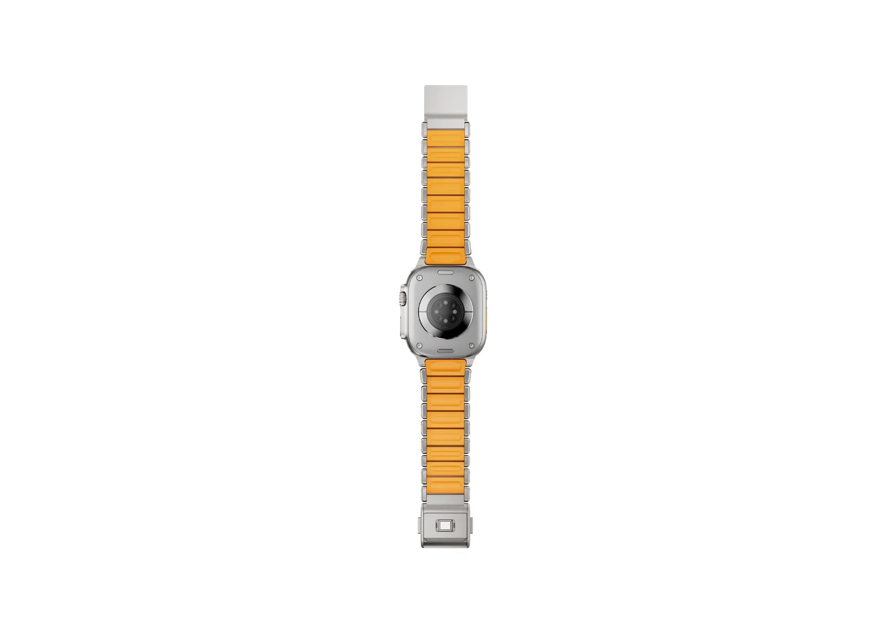 Silver & Orange Titanium Fusion Apple Watch Strap opened to display the powerful magnetic clasp, premium titanium frame and flexible silicone construction