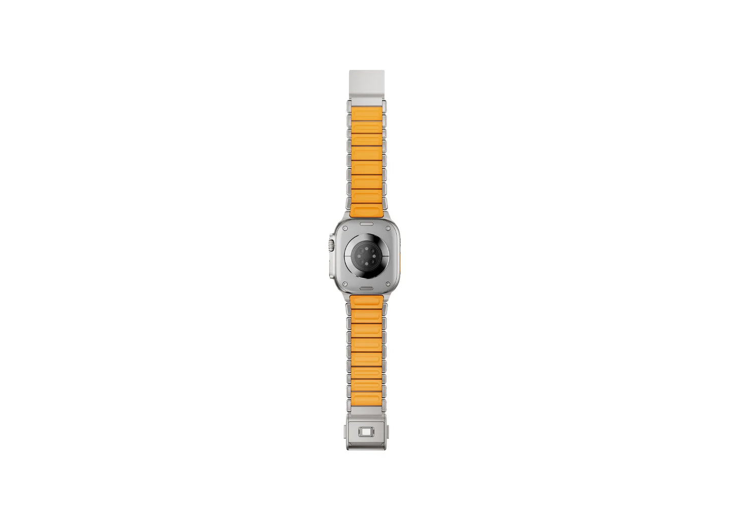 Silver & Orange Titanium Fusion Apple Watch Strap opened to display the powerful magnetic clasp, premium titanium frame and flexible silicone construction
