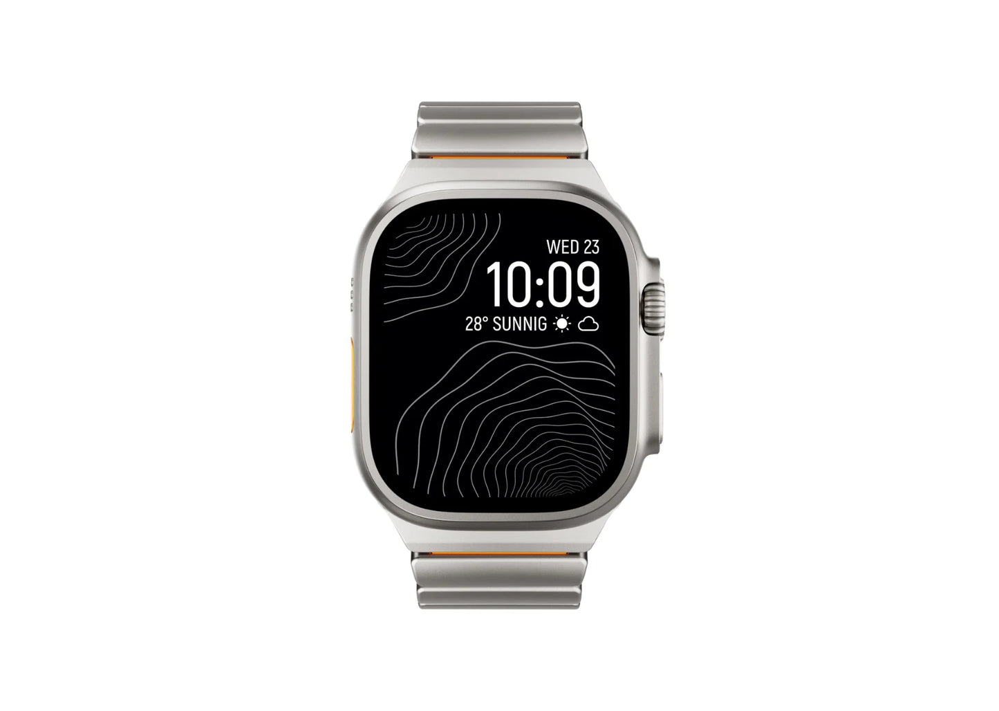 Silver & Orange Titanium Fusion Apple Watch Strap worn on Apple Watch Ultra delivering luxury styling, magnetic comfort and everyday durability