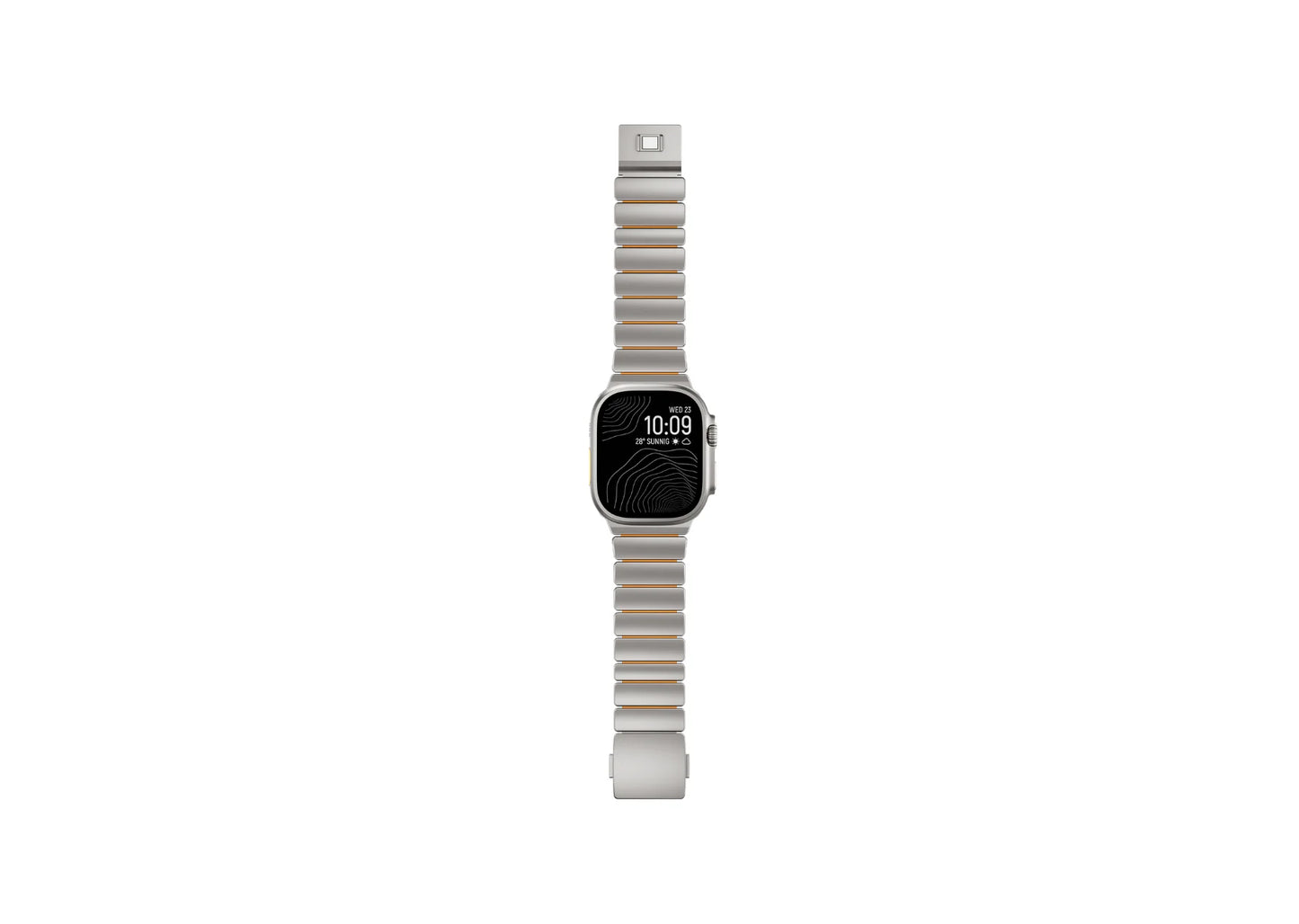 Full-length Silver & Orange Titanium Fusion Apple Watch Band with premium magnetic clasp compatible with Apple Watch Ultra, Series 11 and Apple Watch SE