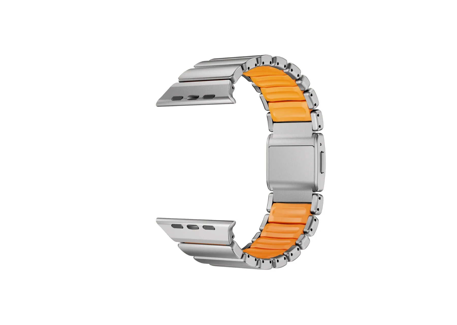 Premium titanium links and magnetic locking system of the Silver & Orange Titanium Fusion Apple Watch Strap for Apple Watch Ultra and Series models