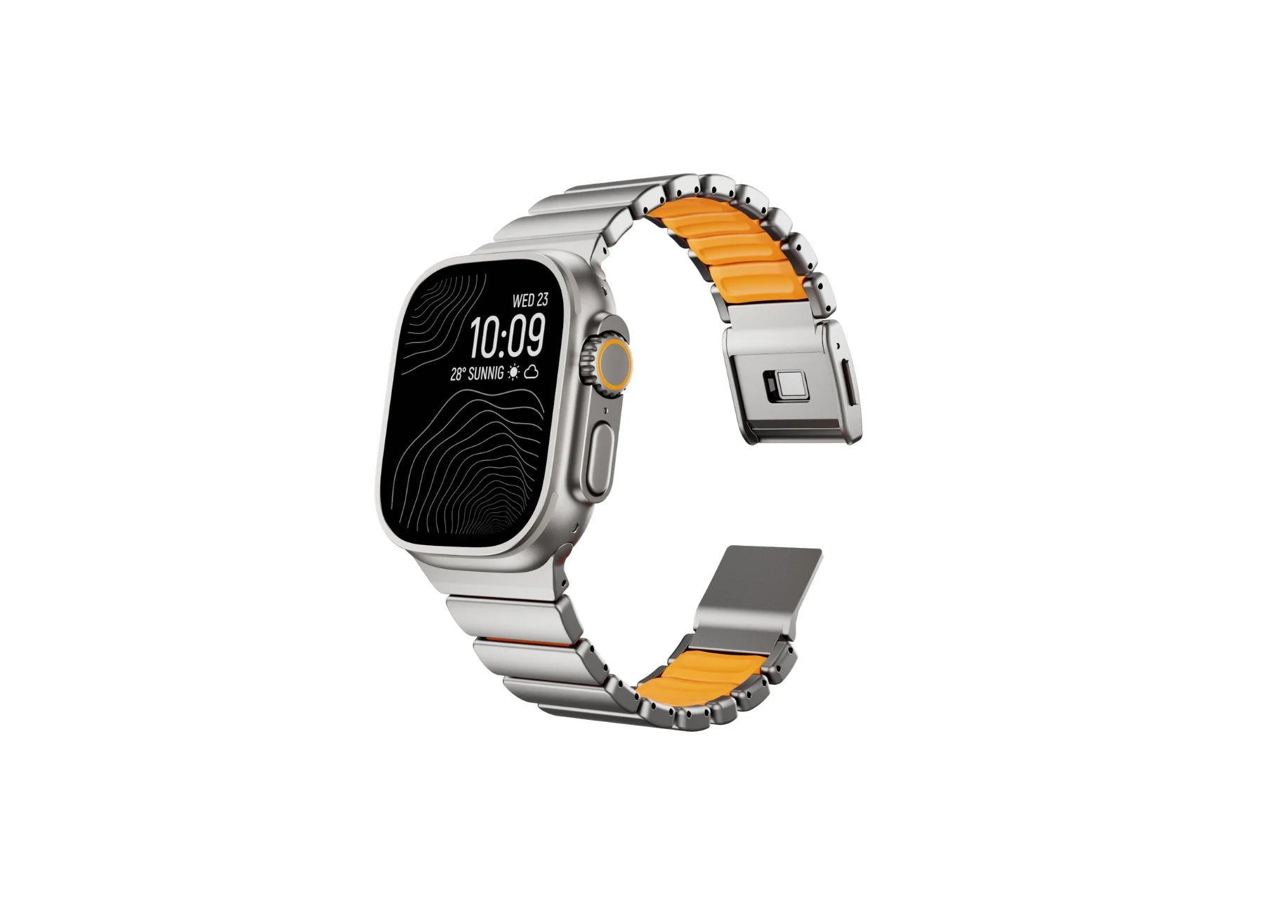 Close-up of the magnetic clasp on the Silver & Orange Titanium Fusion Apple Watch Strap showing the secure locking mechanism and premium titanium finish