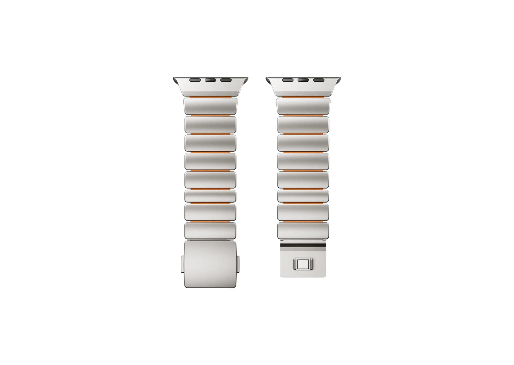 Front view of the Silver & Orange Titanium Fusion Apple Watch Band for Apple Watch Ultra with lightweight titanium construction and premium magnetic closure