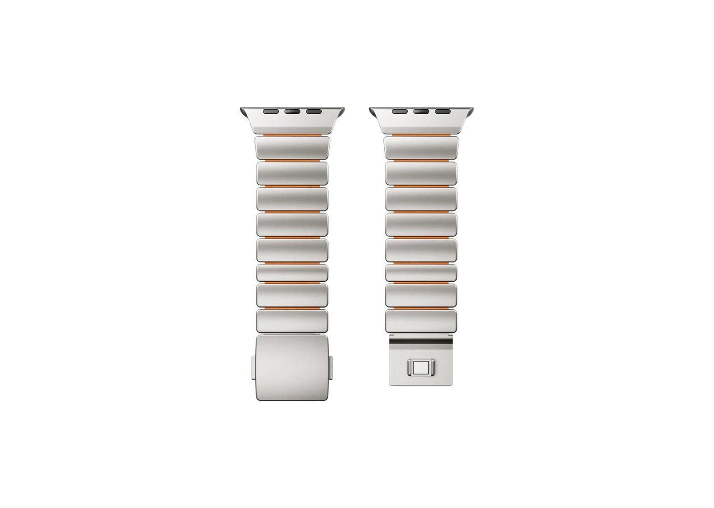 Front view of the Silver & Orange Titanium Fusion Apple Watch Band for Apple Watch Ultra with lightweight titanium construction and premium magnetic closure
