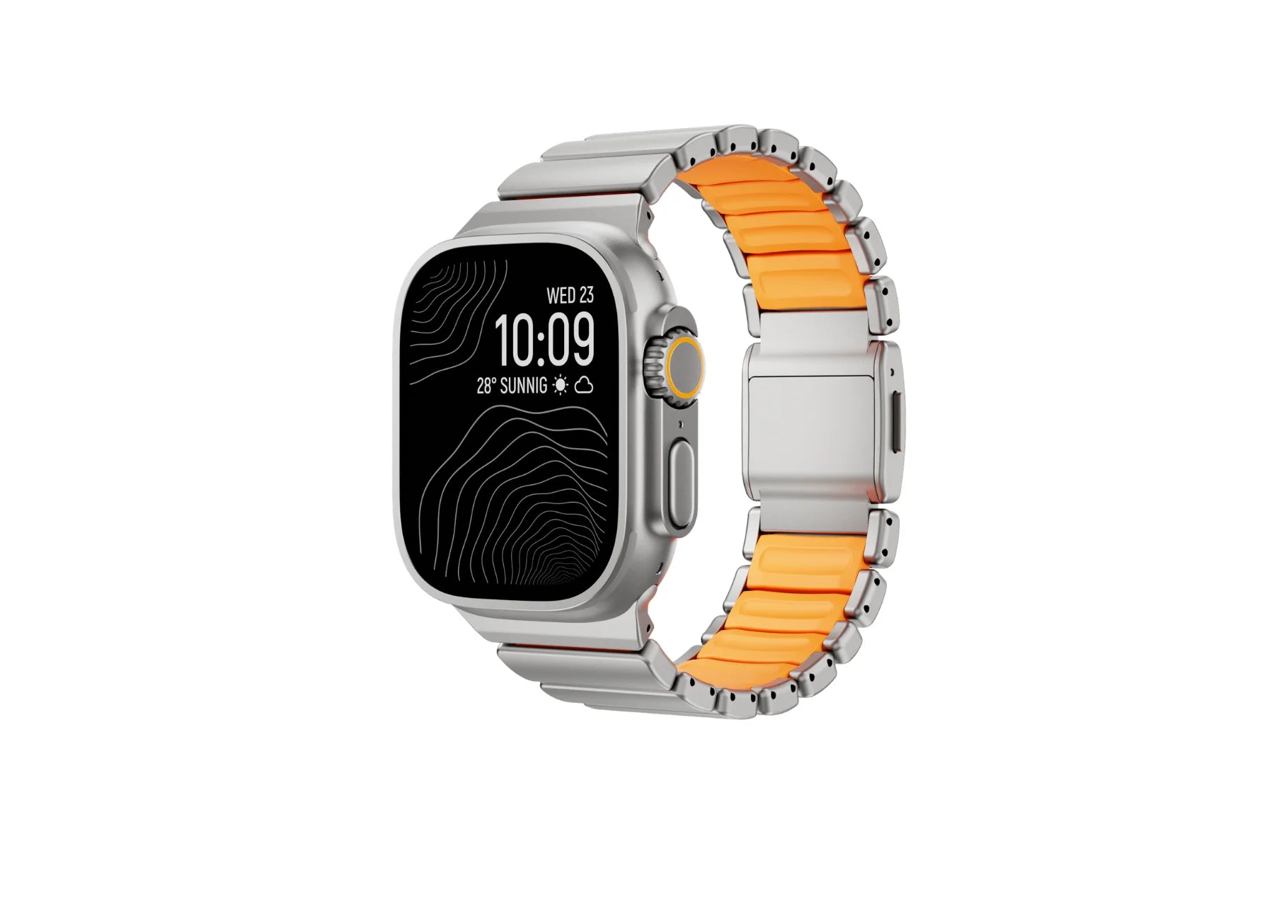 Silver & Orange Titanium Fusion Apple Watch Strap with magnetic clasp compatible with Apple Watch Ultra 3, Ultra 2, Ultra, Series 11, Series 10, Series 9, Series 8, Series 7, Series 6, Series 5, Series 4, Series 3, Series 2, Series 1 and Apple Watch SE